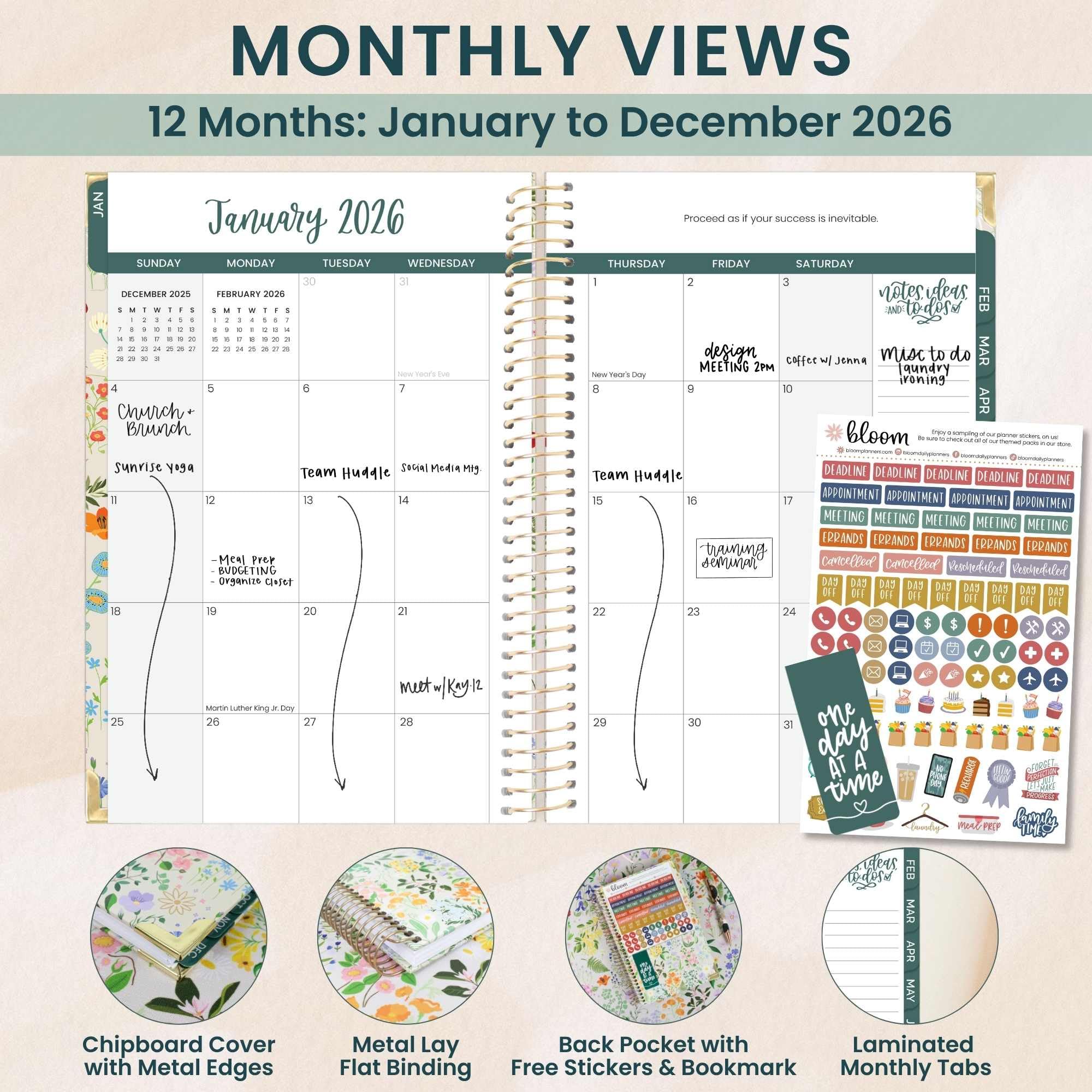 bloom daily planners HARDCOVER Planer 2026 (od stycznia do grudnia) - organizer do celów zadań A5, miesięczny i tygodniowy inspirujący plan, 14 x 21 cm, impreza w ogrodzie, beżowy
