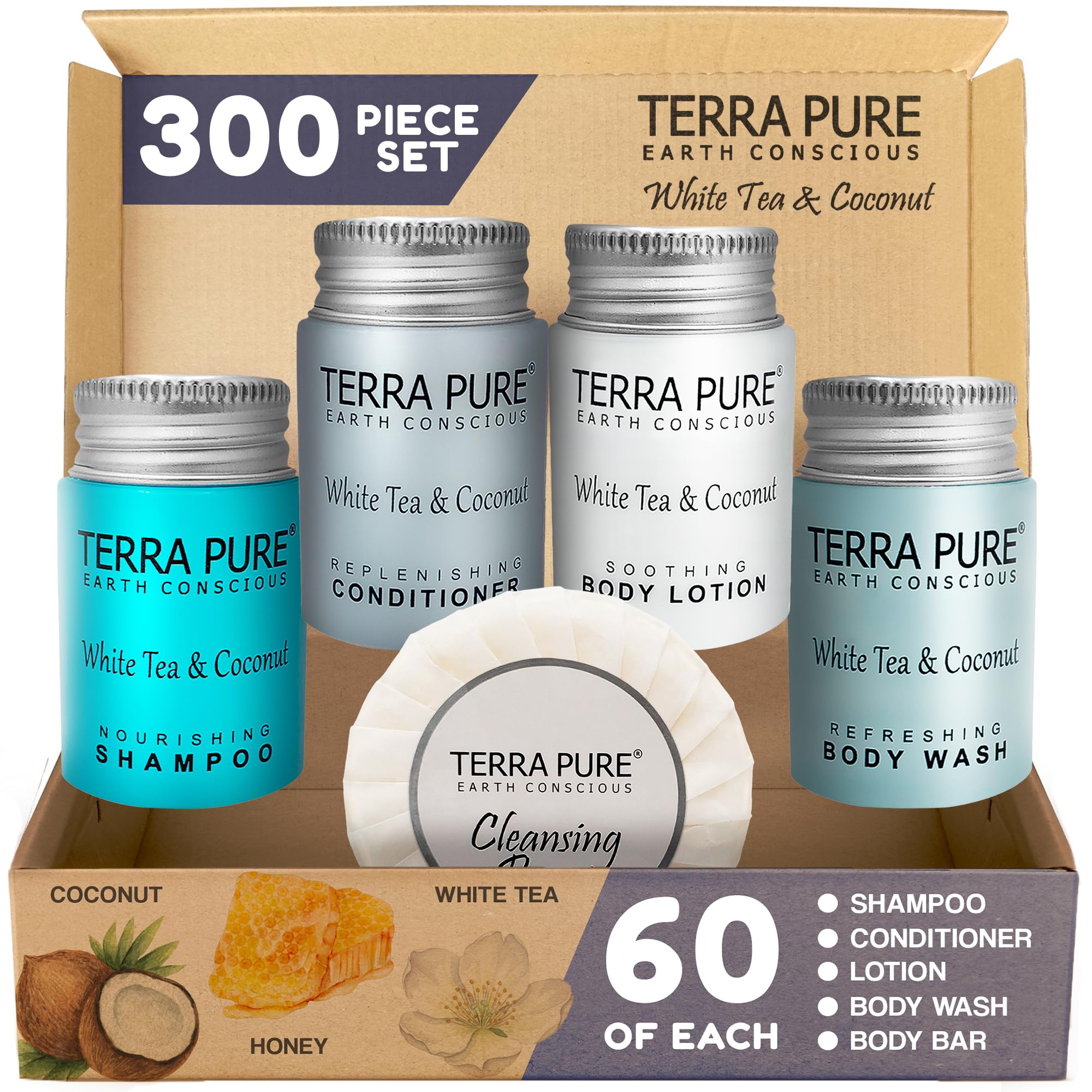 - Terra Pure White Tea & Coconut Toiletries Set | 1-Shoppe Amenities Kit | 1oz Shampoo & Conditioner, Body Wash, Lotion, 1.25oz Bar Soap | Travel Size | 300 Pieces