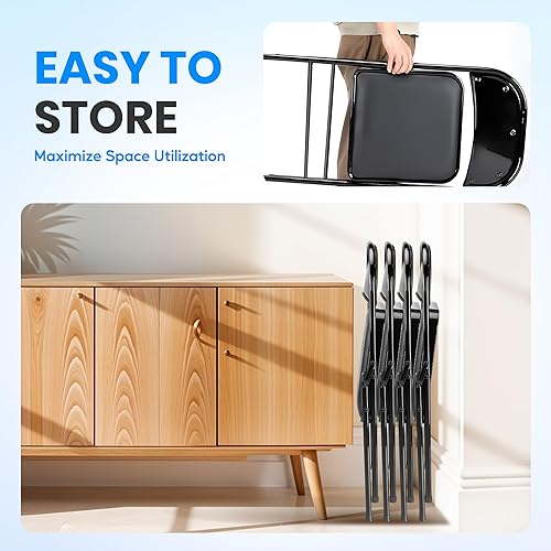 Miniatura 6 de Simple Deluxe Paquete de 4 sillas plegables con asientos acolchados de cuero y marco de metal duradero, cómodas, plegables, portátiles, asiento para