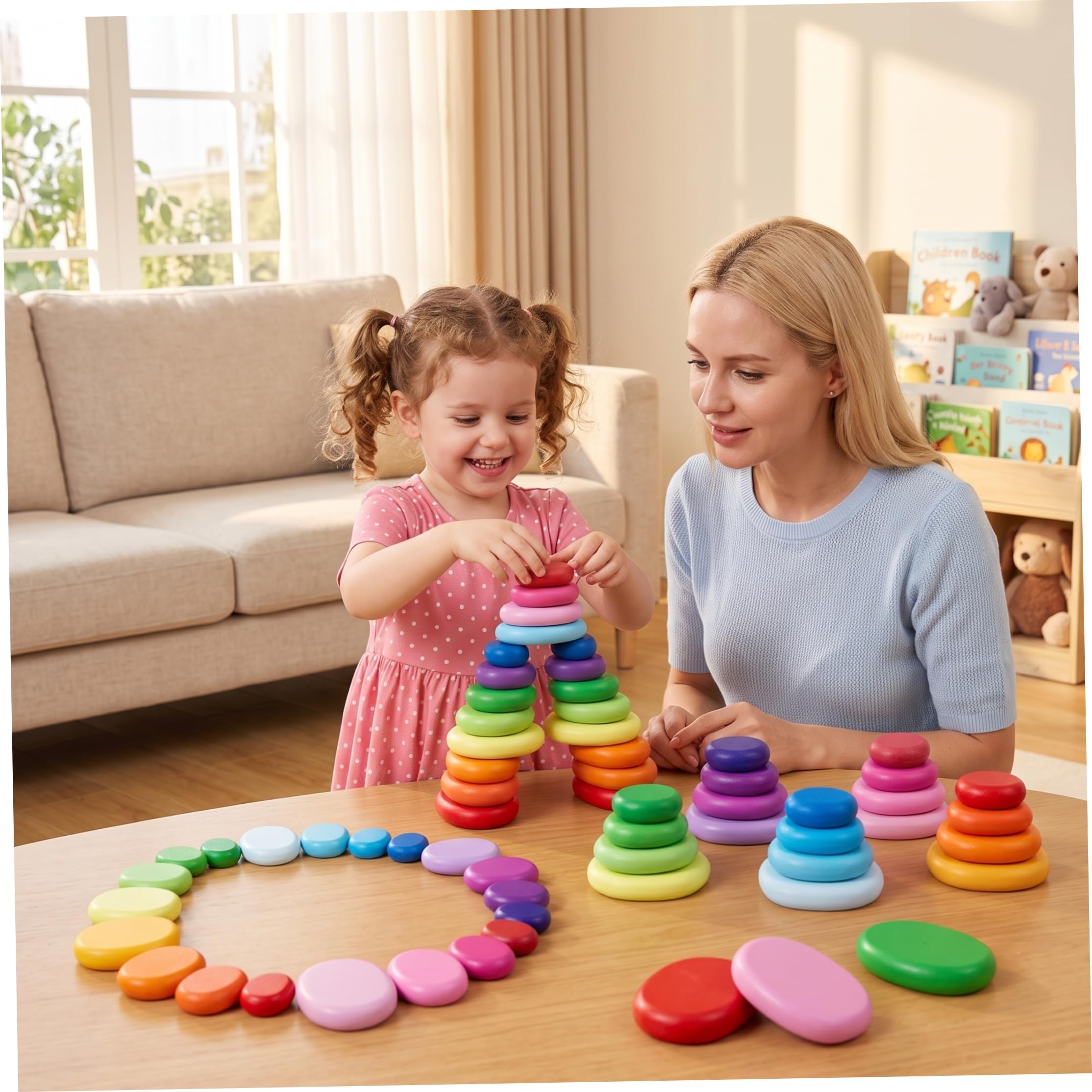 Juguetes apilables para niños pequeños de 1 a 3 años, Bloques de Madera para niños pequeños de 1 a 3 años – Juego Creativo de Piedras apilables de Madera de arcoíris