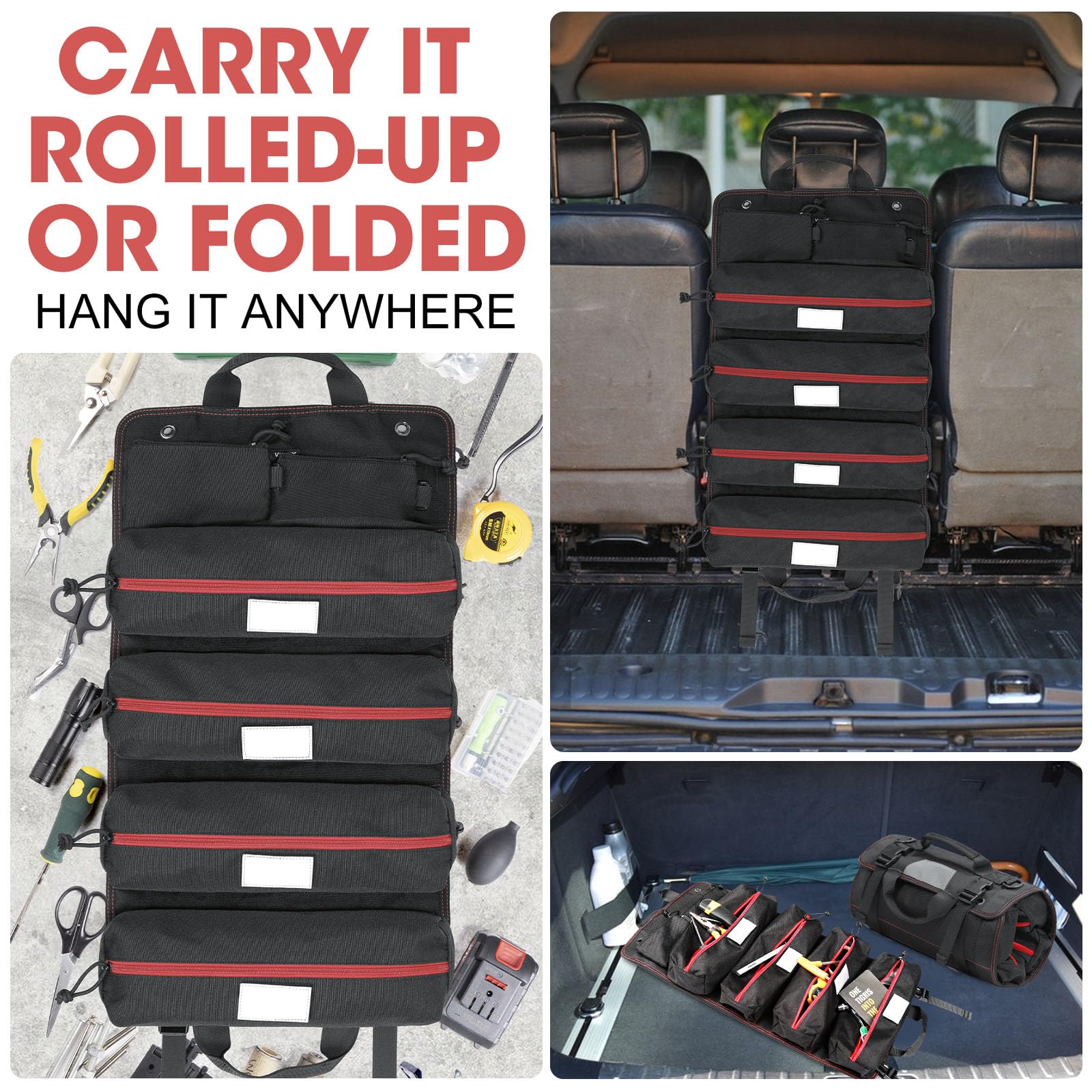 VISMIX Heavy Duty Roll Up Tool Bag Organizer With 6 Labeled Pouches - Large Tool Roll For Electricians, Mechanics, DIY