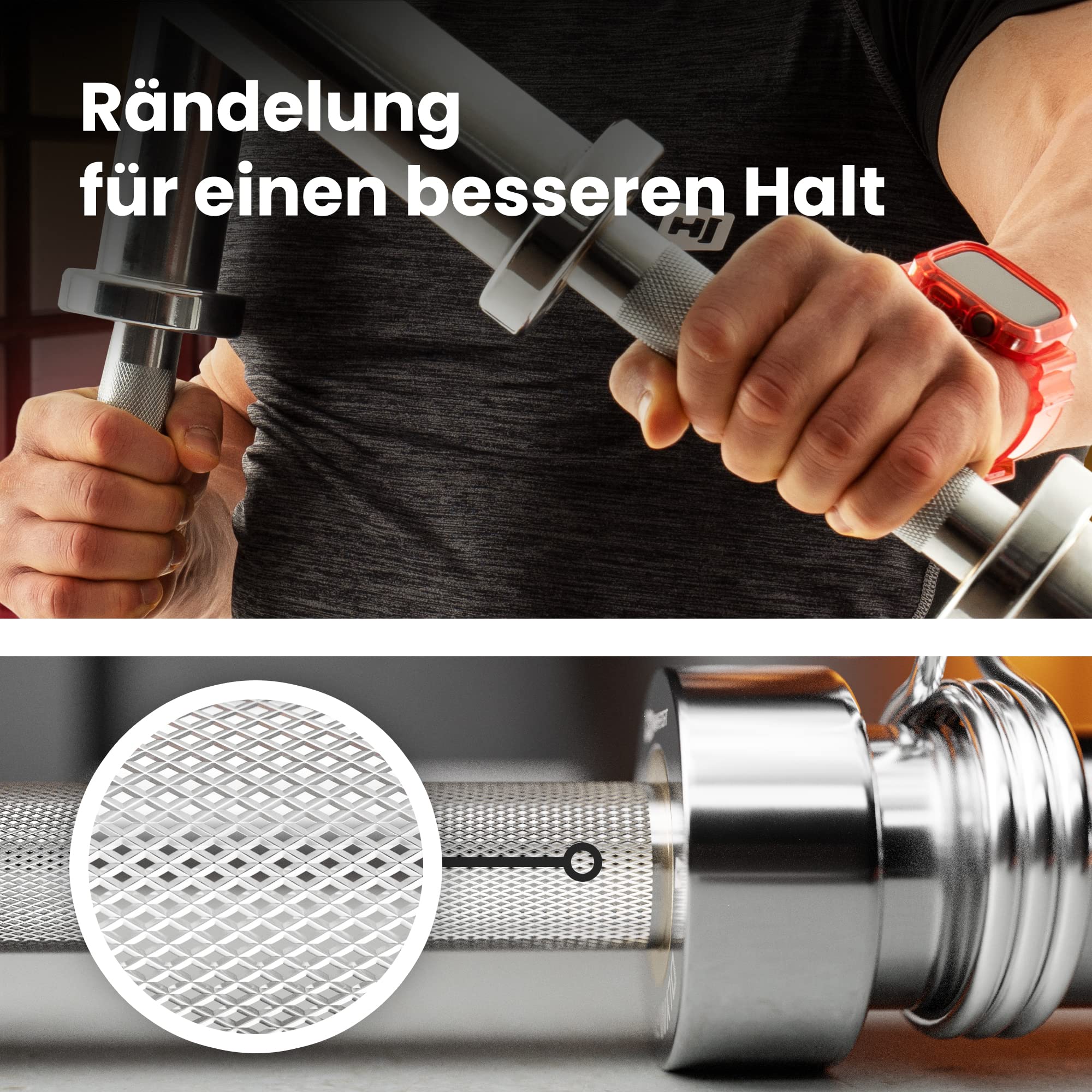 Hop-Sport Olympia Hantelstange mit Federverschlüssen, 50mm, Verchromter Stahl, Hochwertige Langhantelstange für effektives Krafttraining, 320 kg Max. Belastbarkeit