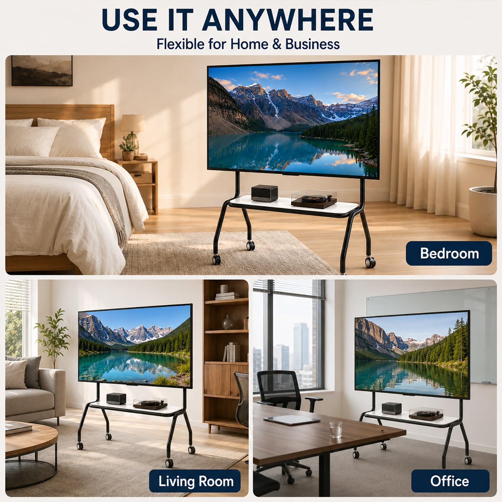 Supporto TV Mobile, Carrello TV Portatile con Ruote | Ruote con Blocco e Mensola Portaoggetti, Organizer Pegboard per Camera da Letto, Soggiorno e Ufficio(White,90cm/35.4in)