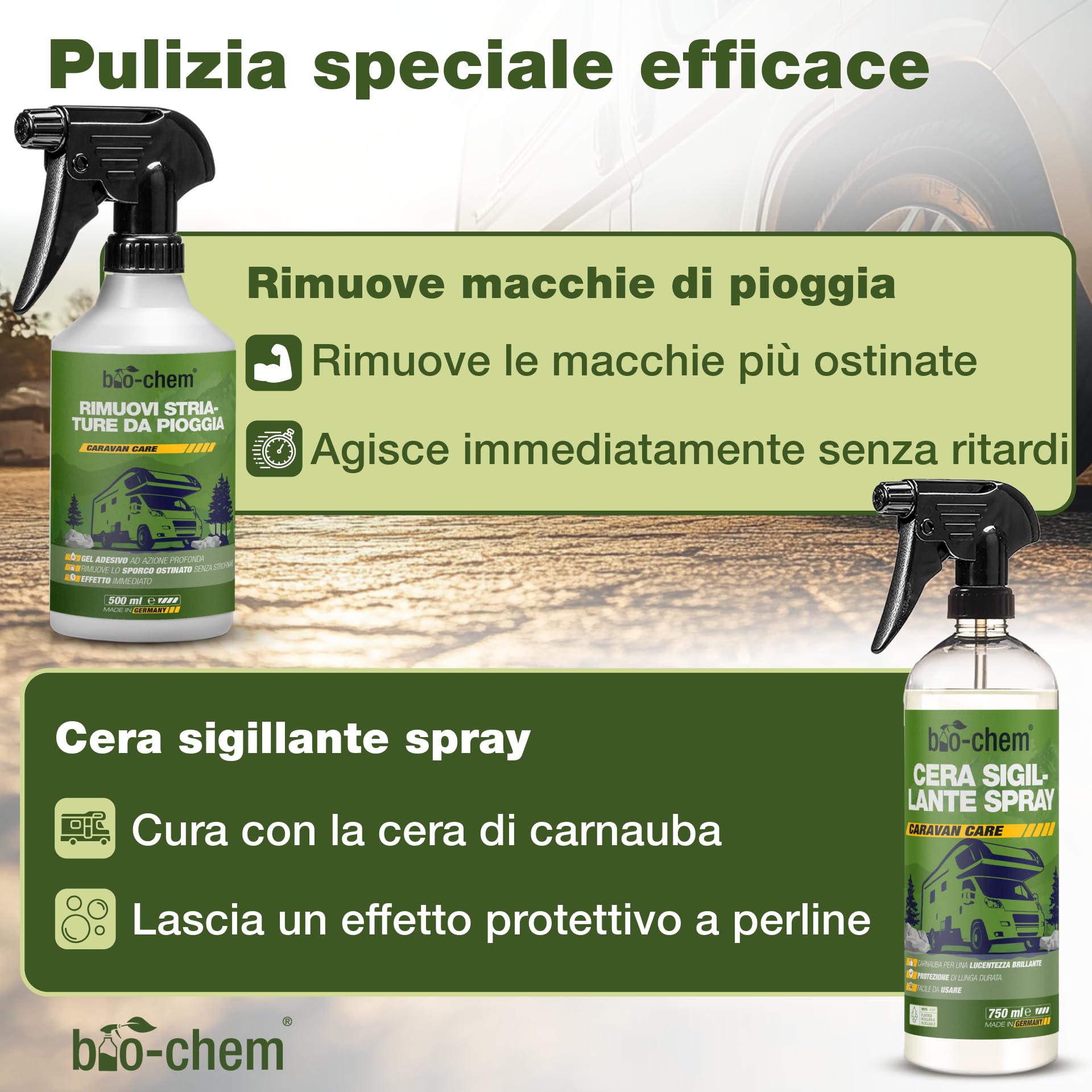 Bio-Chem - Profi Set per la pulizia e l'inceratura dei caravan - Shampoo per il lavaggio e la cura, cera per la carrozzeria, prodotto per eliminare le macchie di pioggia - Accessori inclusi