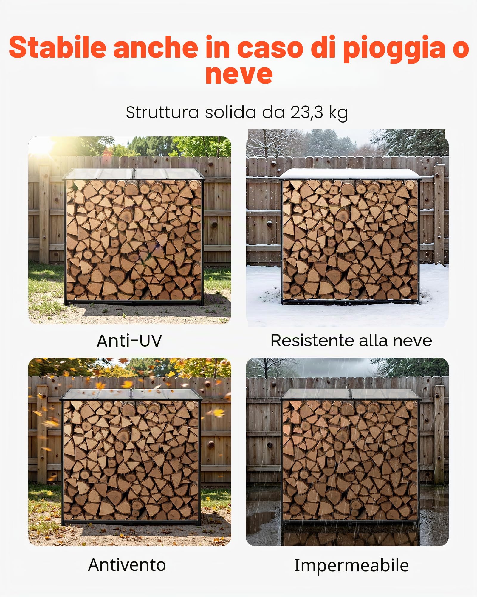 VEVOR Portalegna con Tetto Spiovente, da Esterno da 1850 mm, Capannone per Legna da Ardere con Cavo, Capacità 299,4 kg, Portalegna in Metallo Verniciato a Polvere, per Camino Terrazza Giardino