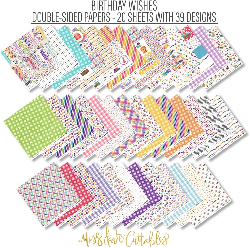 Paper & Sticker Kit – Birthday Wishes – for Happy Kids Party Surprise Cake - Pattern 12x12 Scrapbook Paper 12x12 20 Sheet with 39 Designs & 1 8X12 Sticker Sheet - Scrapbooking -by Miss Kate Cuttables