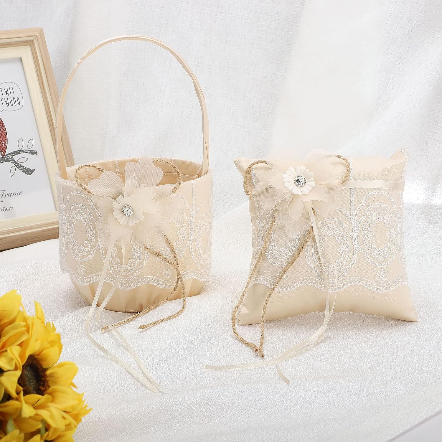 Rustic Flower Girl Basket and Ring Bearer Pillow Set, Champagne Satin Bow Ring Bearer Pillow and Wedding Lace Flower Girl Basket Set for Wedding Ceremony Party(champagne)