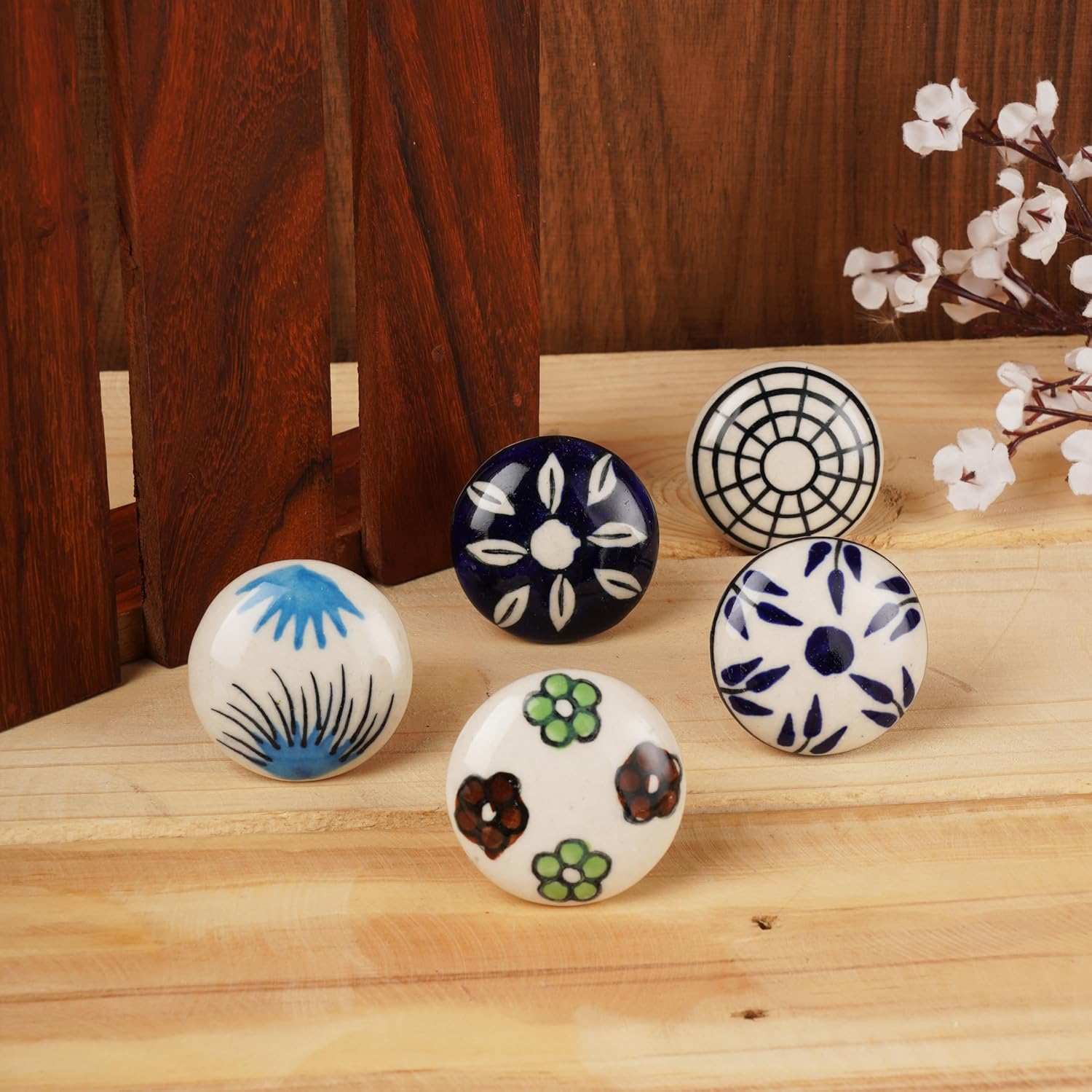 Ajuny Set of 15 Ceramic Knobs – Multicolor Hand-Painted Floral Printed Pottery Pulls for Cupboard Drawer Kitchen Cabinets Dresser – Handmade Decorative Furniture Handles Knobs