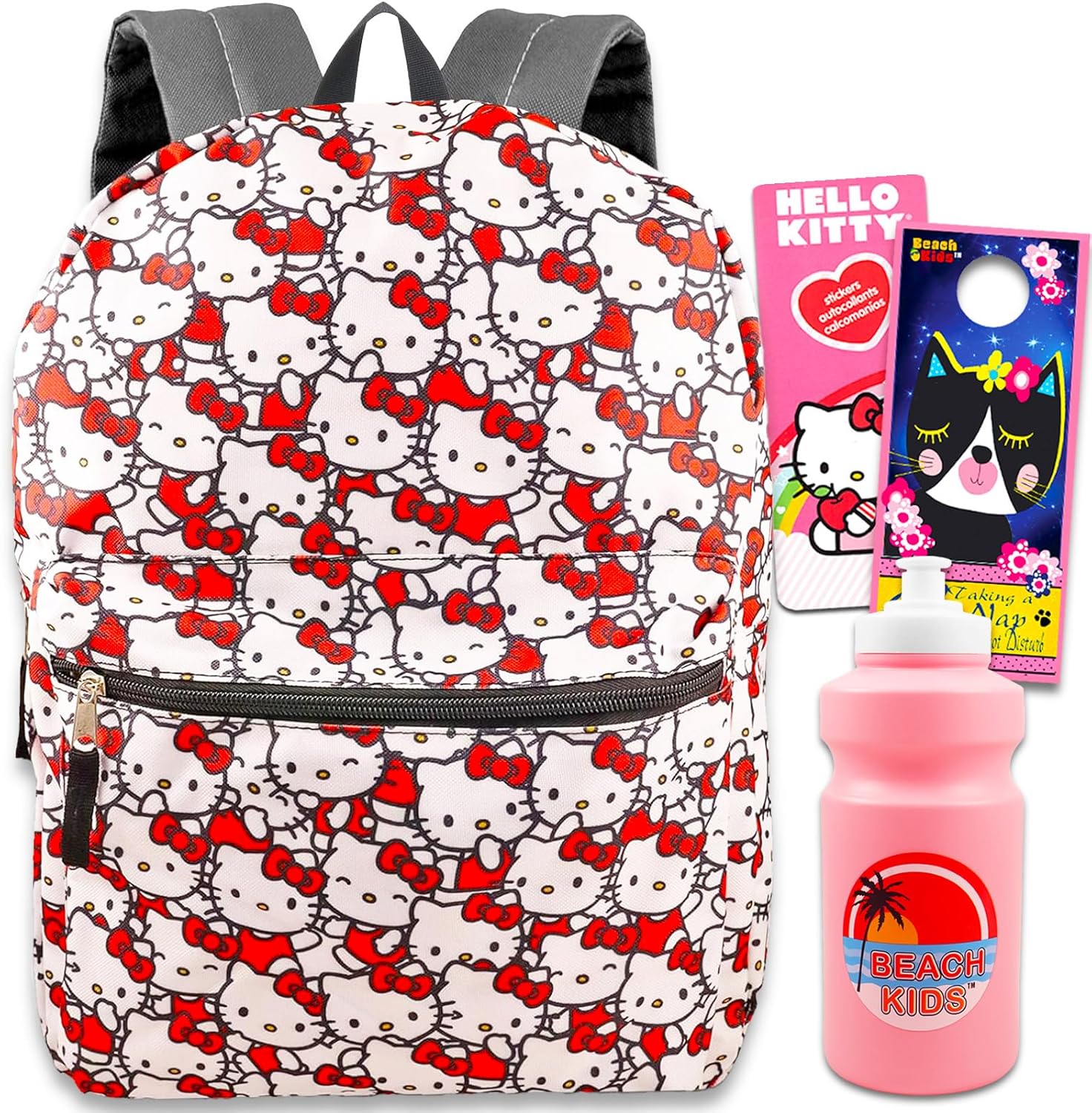 Hello Kitty Backpack for School - Bundle with 16” Hello Kitty School Backpack with Front Pocket Plus Hello Kitty Stickers, Water Bottle, More | Hello Kitty Backpack for Girls