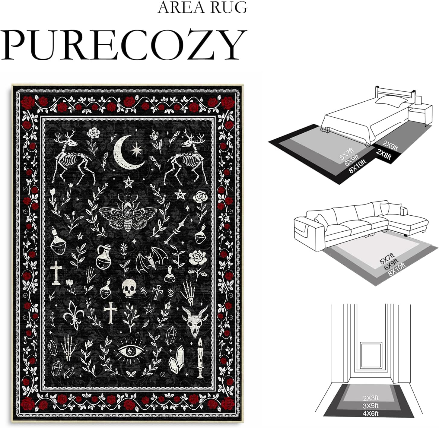 Gothic 6x9 Area Rug Dark Academia Rugs Machine Washable Non-Slip Low-Pile Victorian Witchy Floor Carpet Fantasy Goth Mat for Living Room Bedroom Dining Room Office