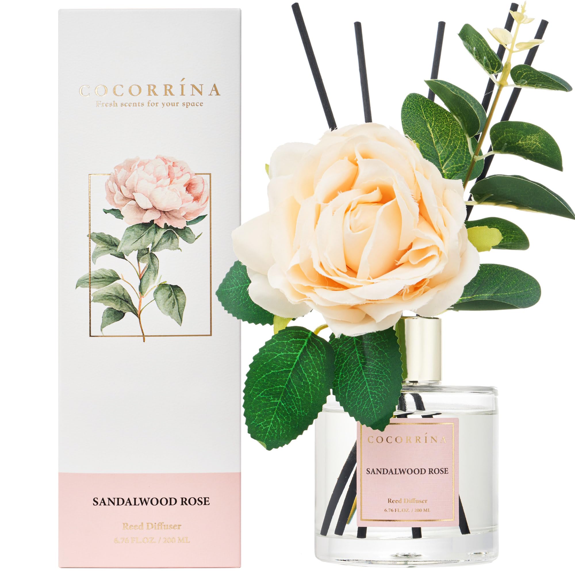 Cocorrina Reed Diffuser Set, Flower Reed Diffuser Sandalwood Rose 6.7 oz, Scented Diffuser with Sticks Home Fragrance Essential Oil for Bathroom Shelf Decor, Living Room, Large Room, 1pack Sandalwood Rose Rose/6.7 Ounce/1pack