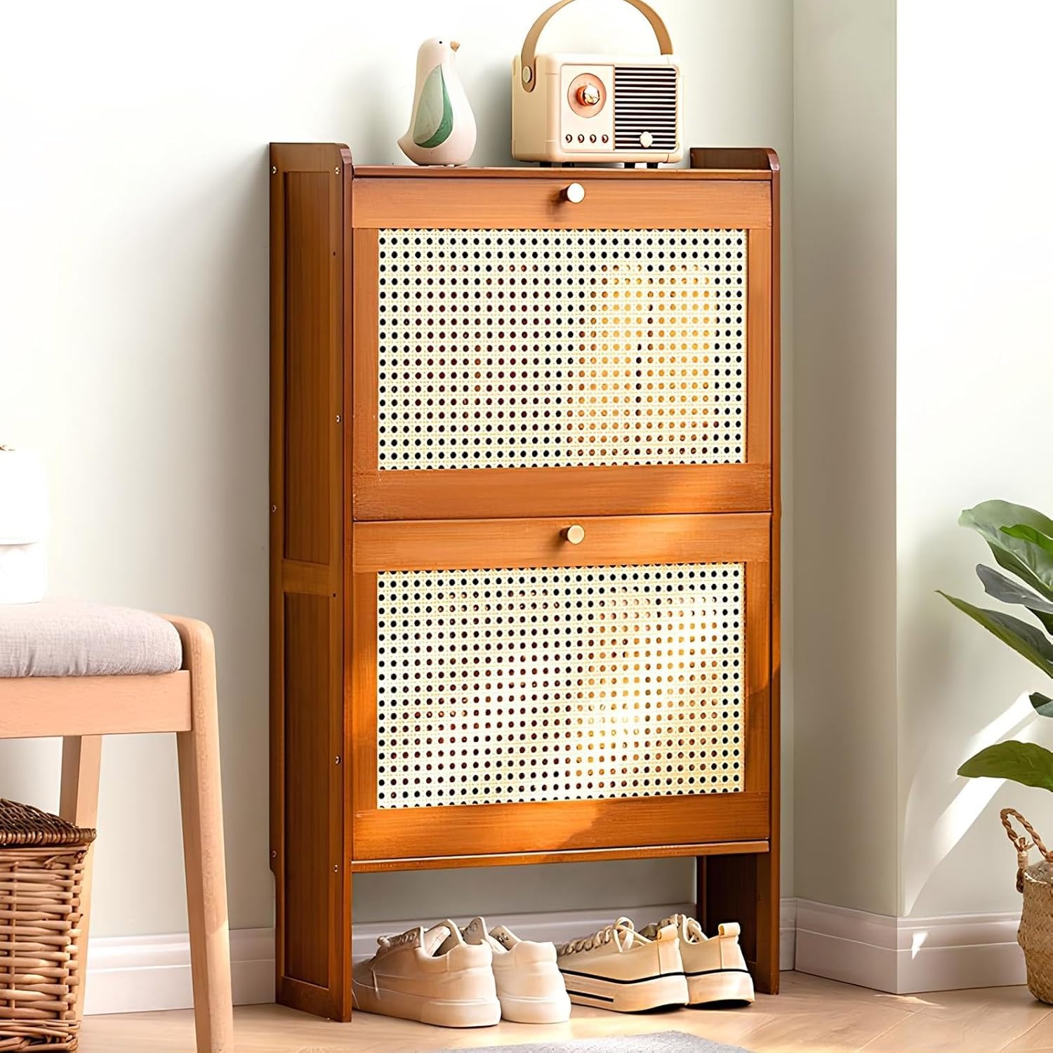 Natural Rattan Decor Shoe Cabinet with 2/3 Flip Drawers, Bamboo Storage Cabinet Free Standing Shoe Racks Shoe Organization for Entryway Closet Living Room,A,2 Doors 50cm/20in