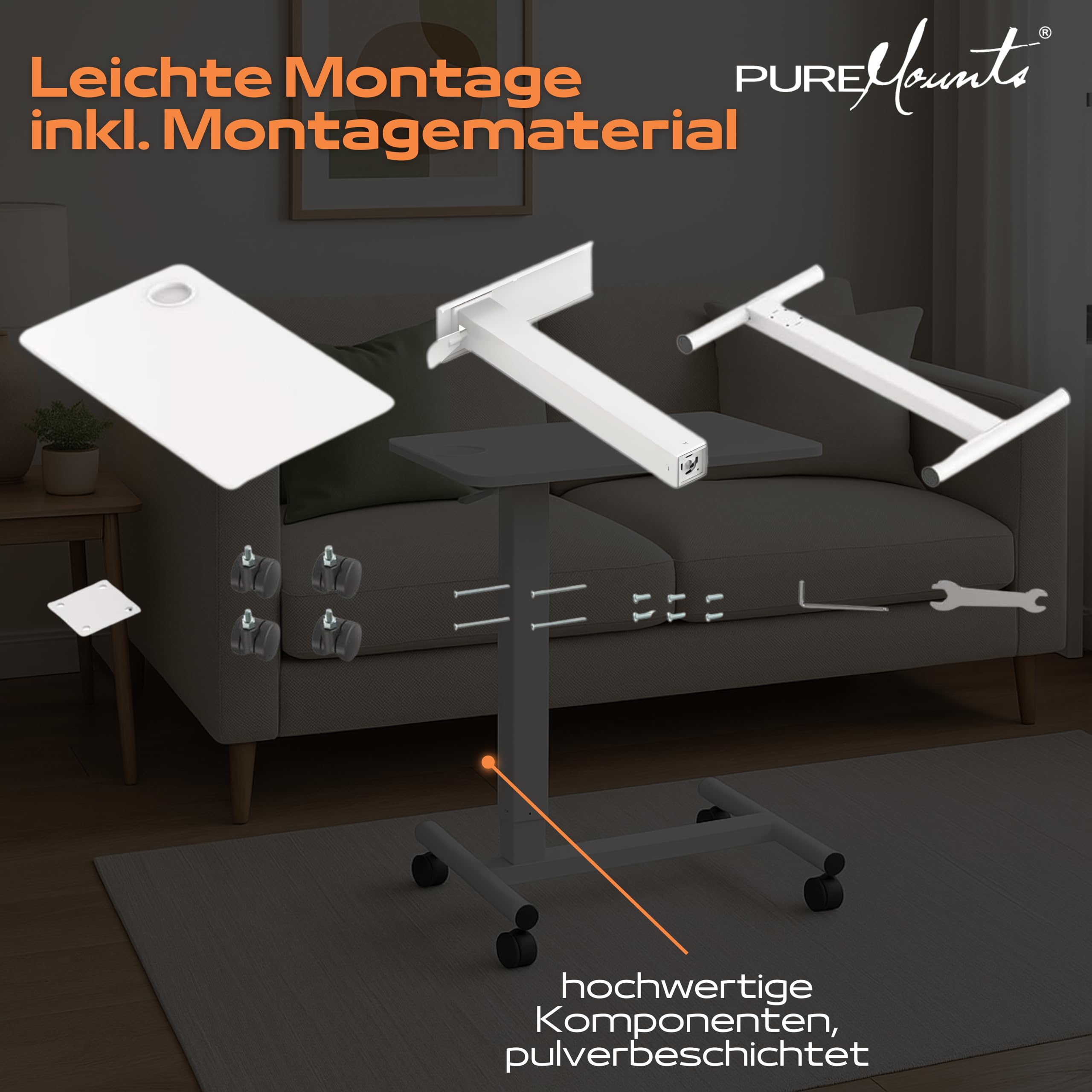 PureMounts® höhenverstellbarer Beistell-Tisch mit Gasdruckfeder, intergierter Getränkehalter, höhenverstellbarer Laptop-Tisch, 71-106 cm, weiß