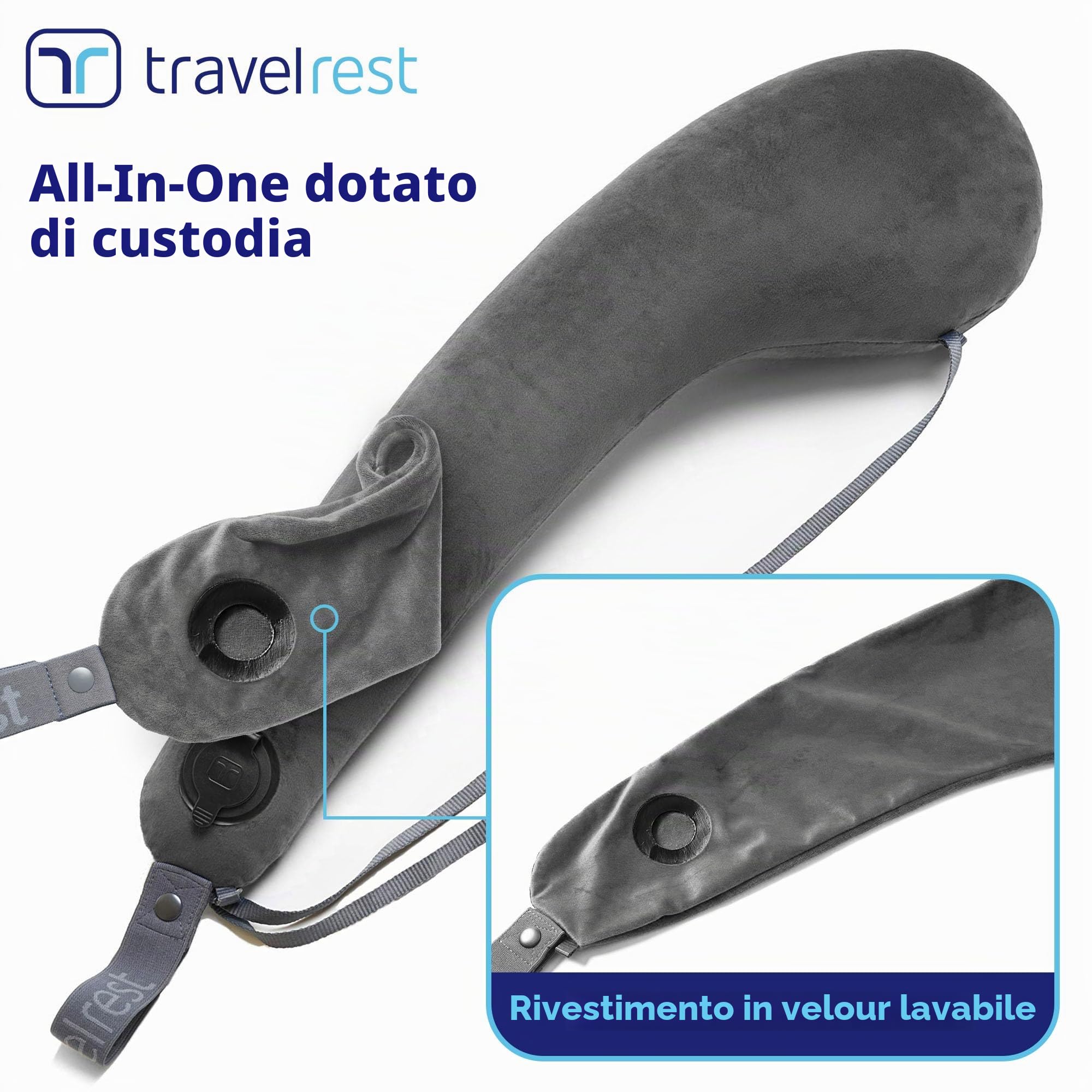 TRAVELREST All-in-One Cuscino da Viaggio Verticale Pieghevole Lavabile Leggero con Cintura – Gonfiabile, Sostiene Testa e Collo Per Viaggio in Aereo, Treno, Pullman – Innovativo Design Ergonomico