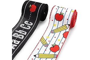 Hying 2 Rolls Black Burlap and Apple Patterned Wired Edge Ribbons for School