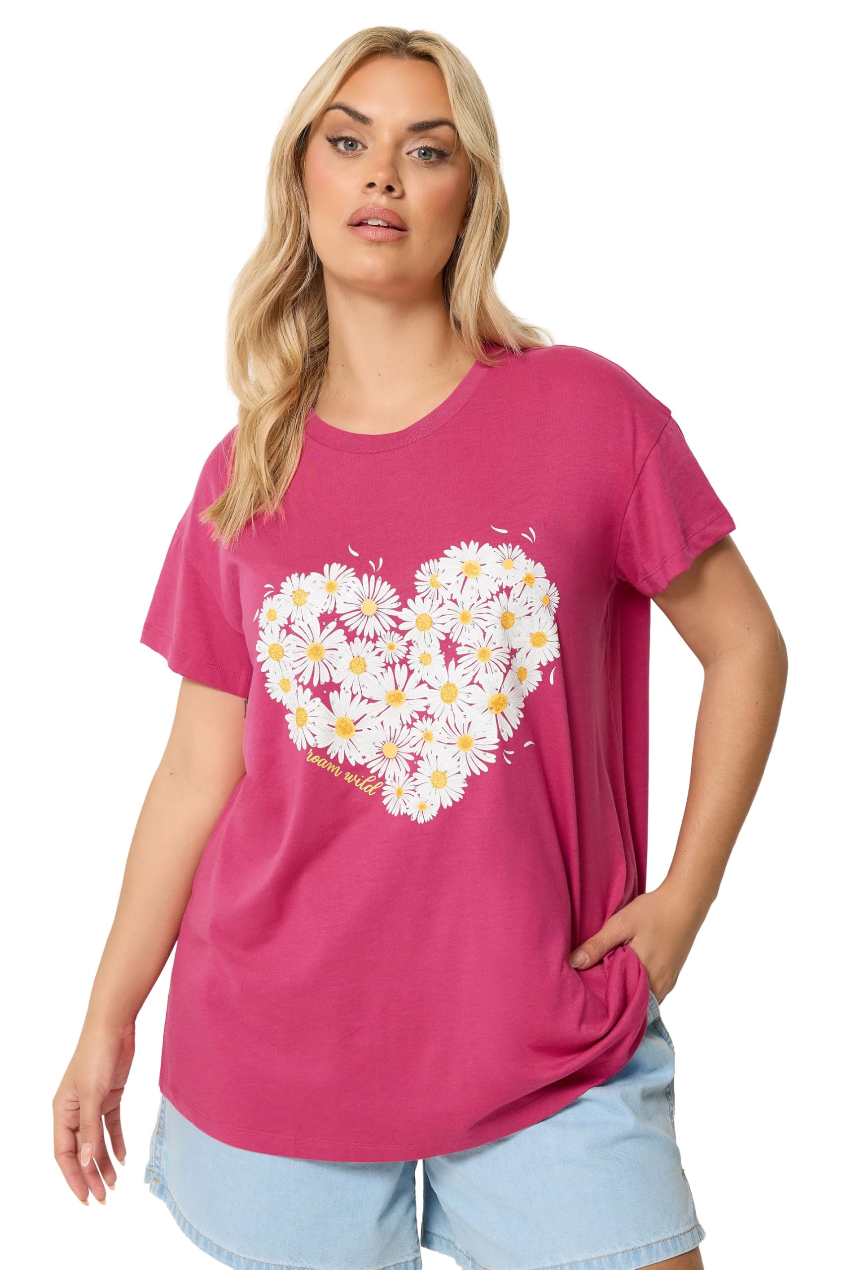 Yours Curve Dark Pink Daisy Heart Print T-Shirt - Women's - Plus Size Curve