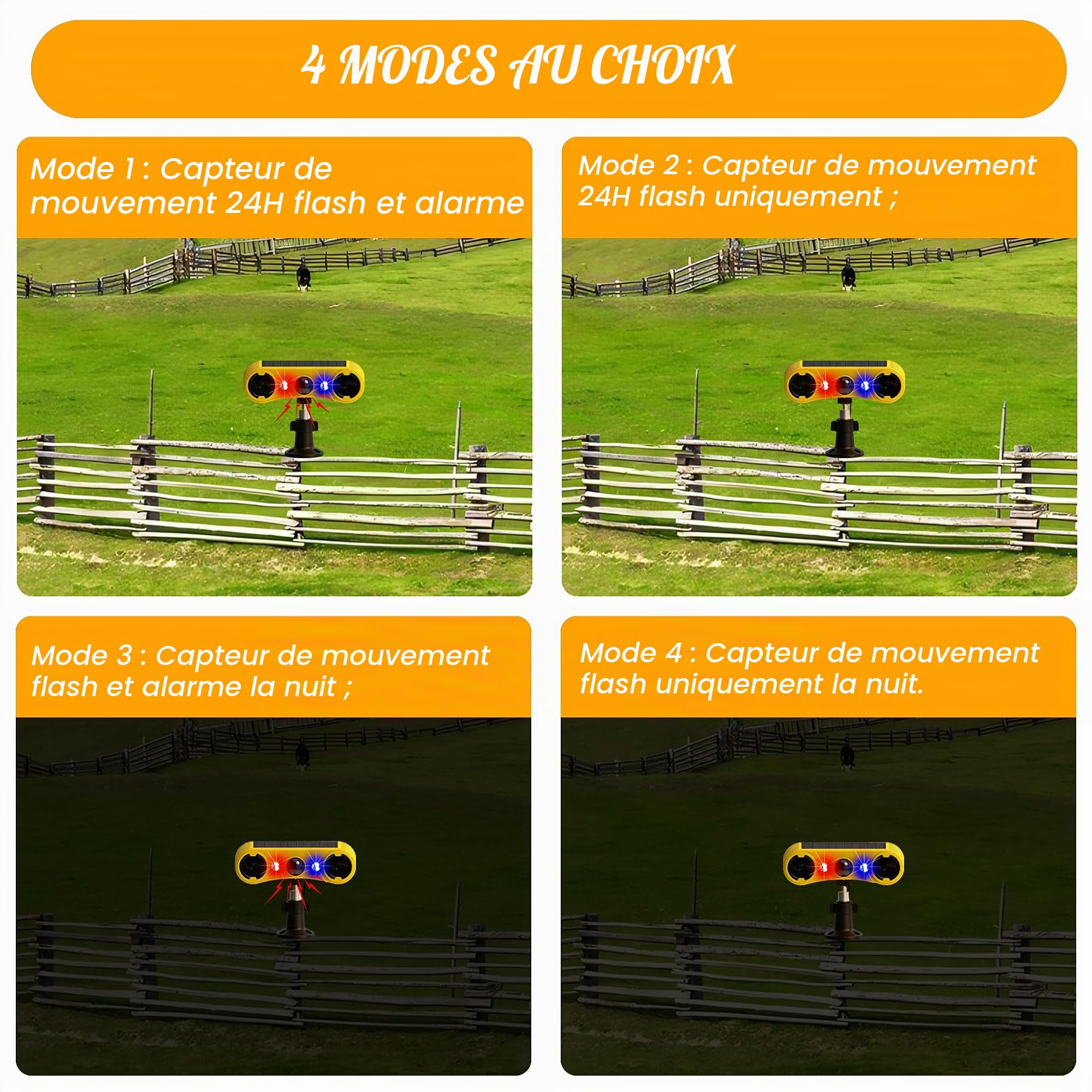 Alarme de détecteur de Mouvement Solaire extérieur - Alarme sonore de Coup de feu d'aboiement de Chien, 2 * 129 DB de Puissance, 4 Modes, lumière Rouge et Bleue (4 Pack)