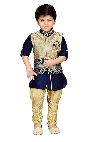 Boy's Silk Cotton Kurta, Pyjama And Waistcoat Set