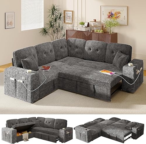 Miniatura 19 de Sofá cama modular modular con cama extraíble, sofás seccionales en forma de U de 7 asientos para sala de estar, sofá cama de 108 pulgadas con Gris