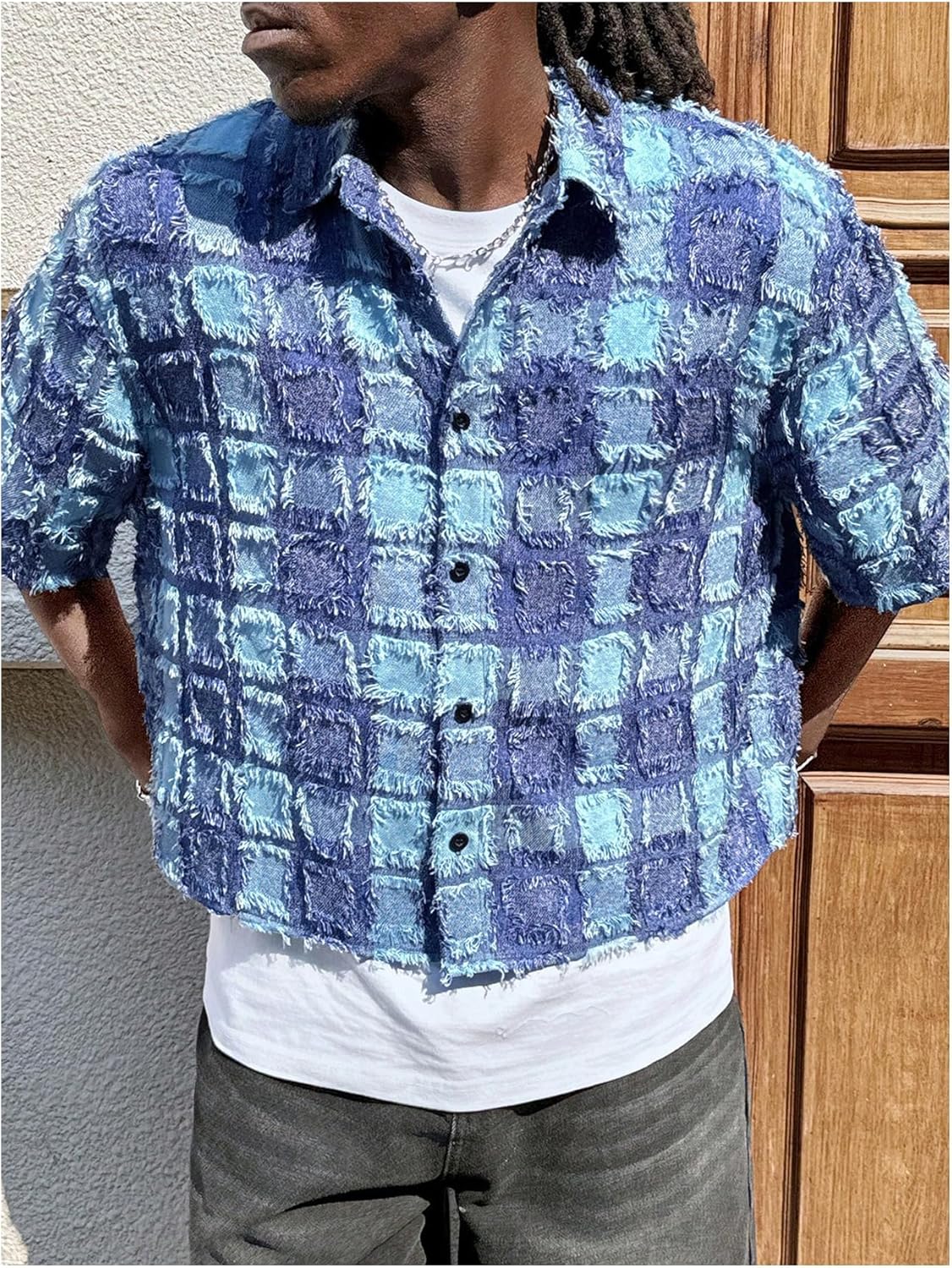 GORGLITTER Men's Cropped Shirt Button Up Short Sleeve Color Block Distressed Y2k Crop Top Streetwear - Image 5