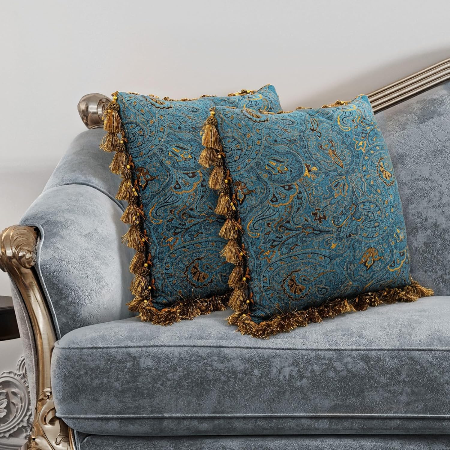 Embroidered Euro Pillows with Inserts Included for Couch and Bed, Decorative Throw Pillows with Flower Patterned for Living Room (1, Blue, Square)