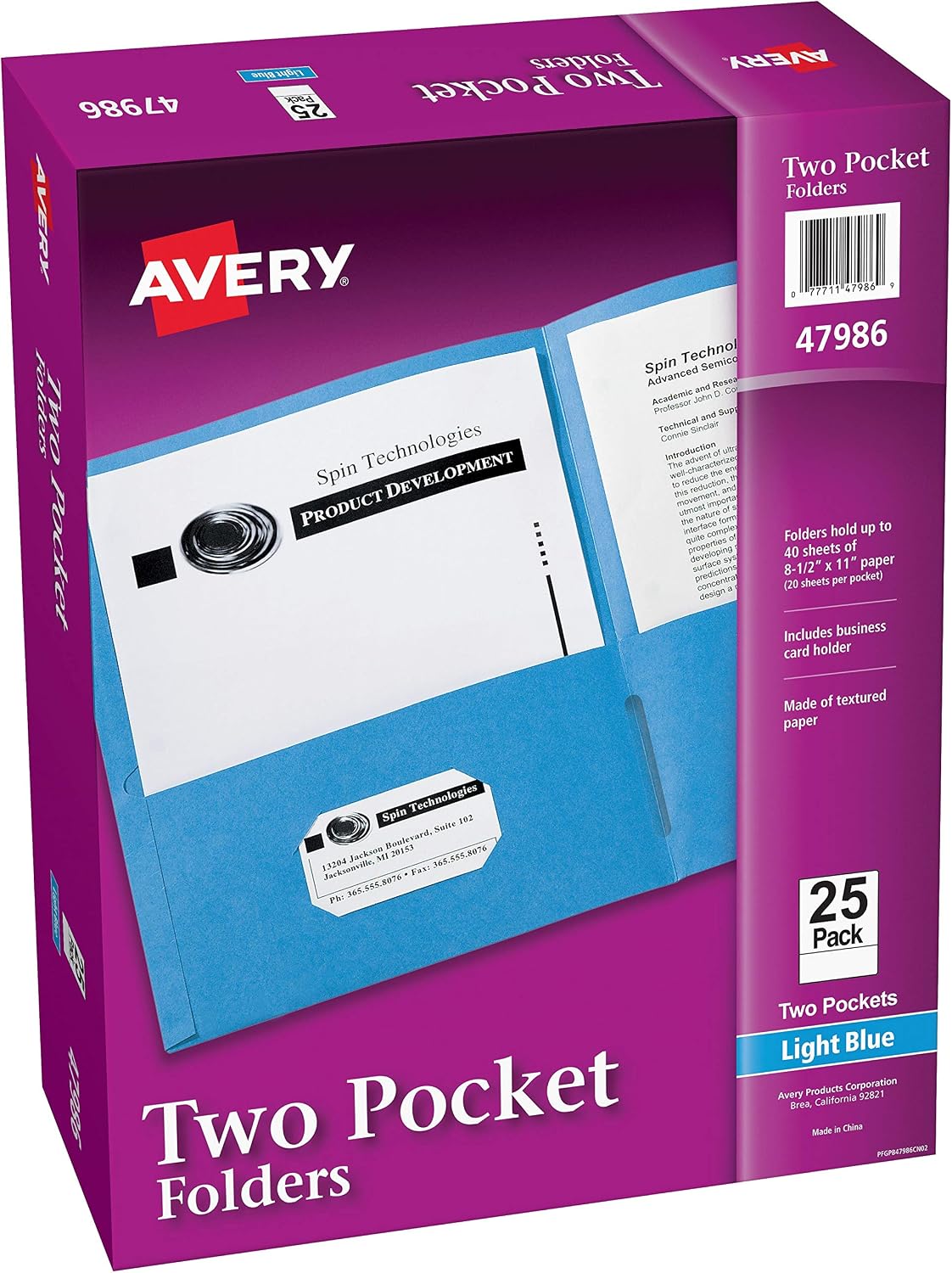 Avery Two Pocket Folders, Holds up to 40 Sheets, Business Card Slot, 25 Light Blue Folders (47986)
