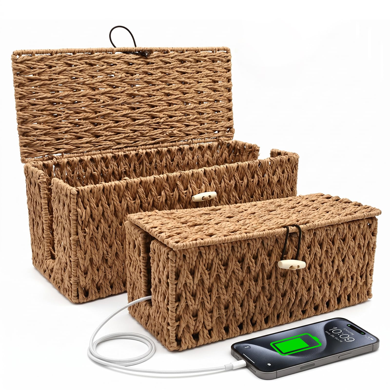 2 Stück Kabelbox Handgefertigte Wasserhyazinthe, Kabelmanagementbox mit Bambusdeckel, Kabelaufbewahrung mit Seitlicher Öffnung für Büro Arbeitszimmer und Haus, Naturfarben