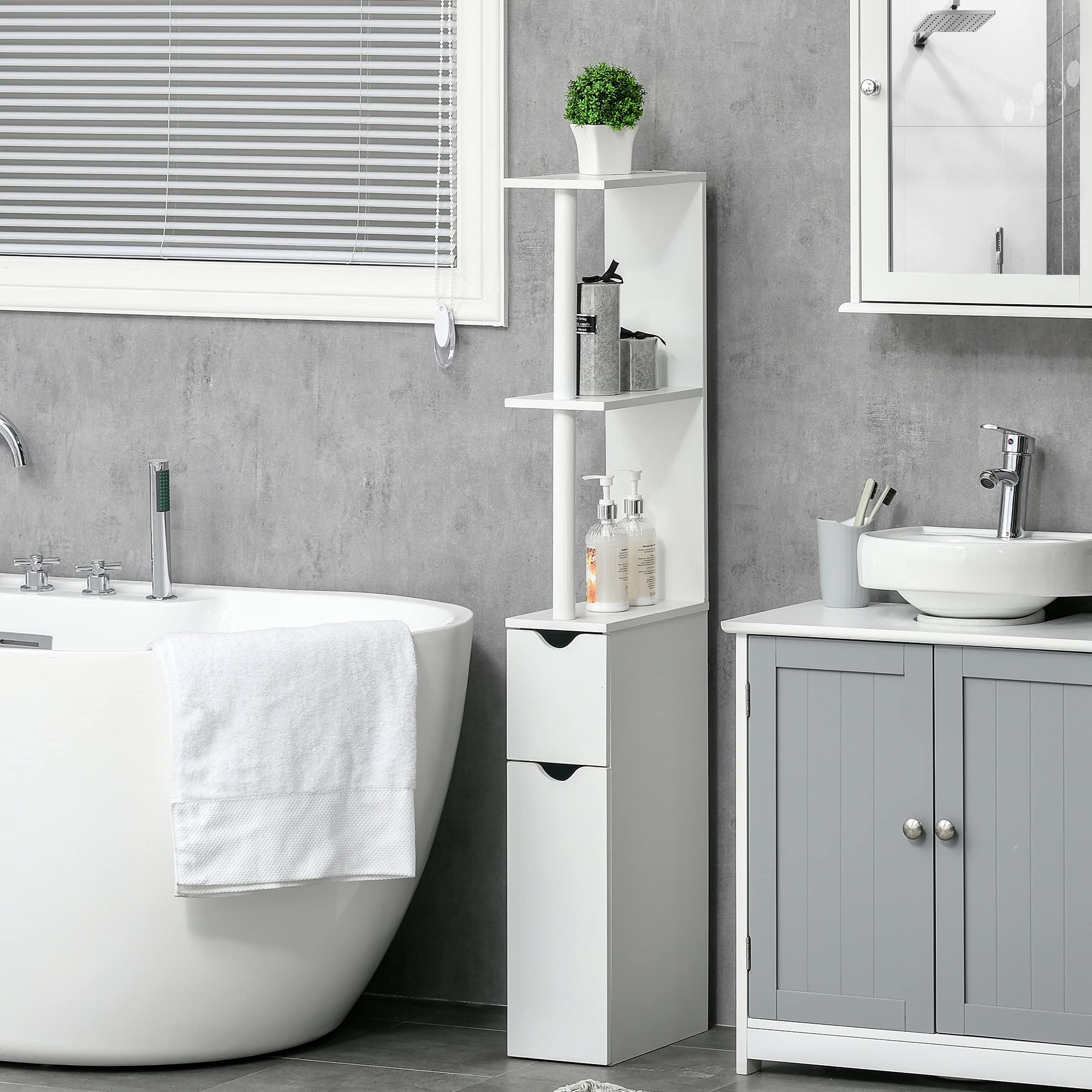 kleankin Mobiletto Bagno Salvaspazio a Colonna con 2 Ripiani e 2 Armadietti, Colonna Bagno in Legno per Salotto, Soggiorno, 15.2x29.8x118 cm, Bianco