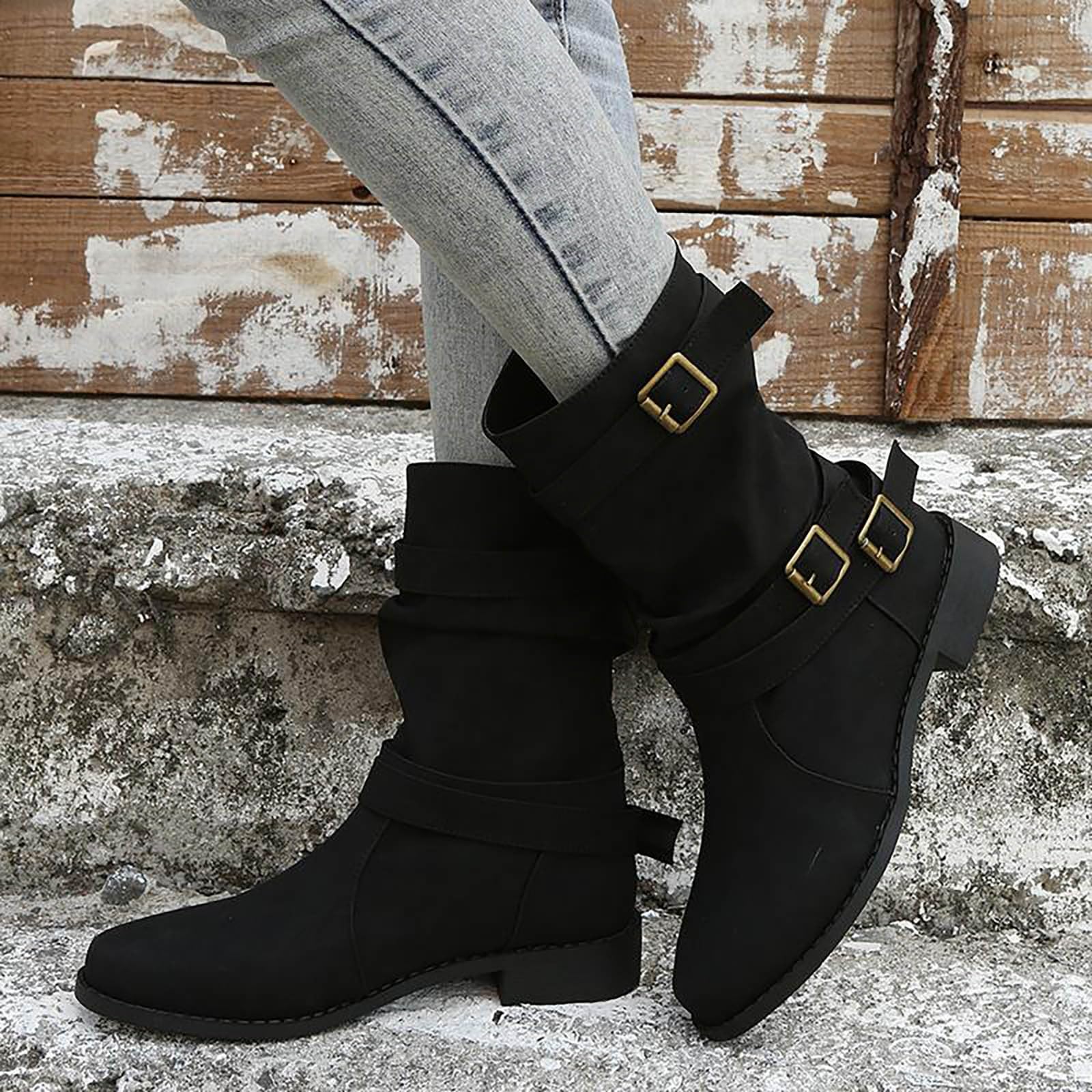 Generisch Stivali da equitazione da donna, alla moda, con fibbia in pelle, stivali medi, comodi