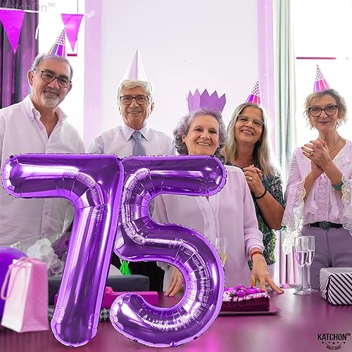 Miniatura 3 de KatchOn, Globos morados gigantes del número 75 de 40 pulgadas, globos morados de 75 cumpleaños, decoraciones de cumpleaños de 75 años, decoraciones