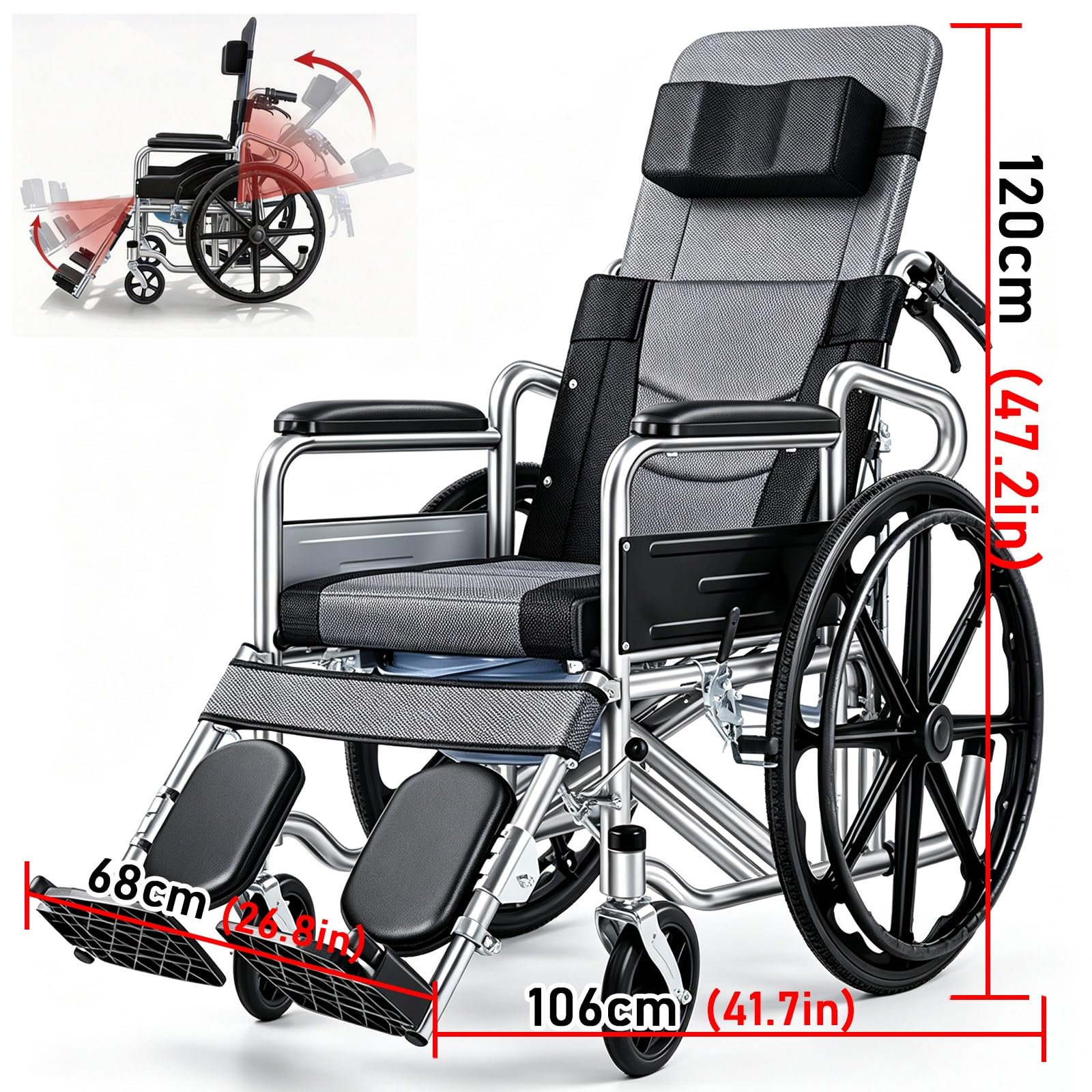 Sillas de Ruedas para Adultos Plegables Silla de Ruedas Ligera para Viajar | Respaldo Alto con Mesa de Comedor con Asiento de Inodoro Deslizante Frenos Dobles Tubos de Acero Engrosados