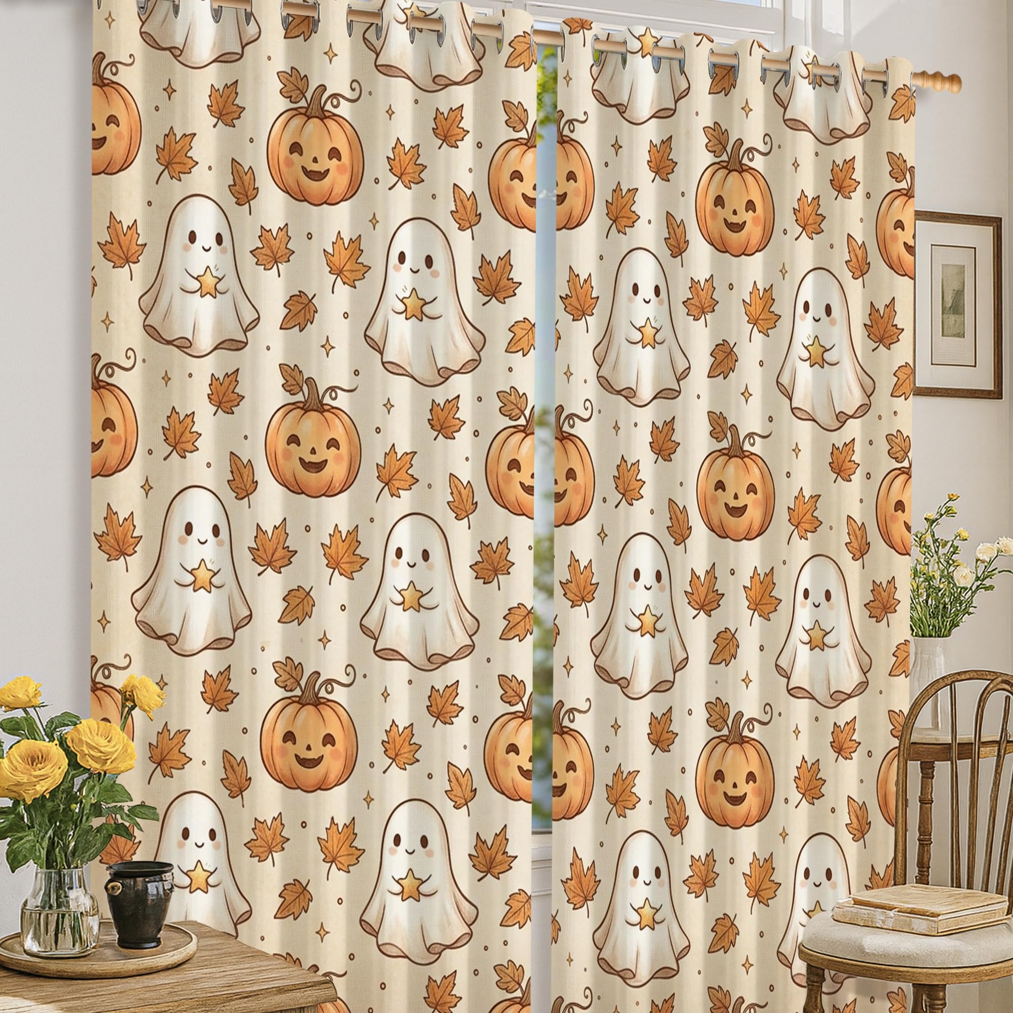 Rideaux occultants Halloween orange pour salon et chambre d'enfant lavables