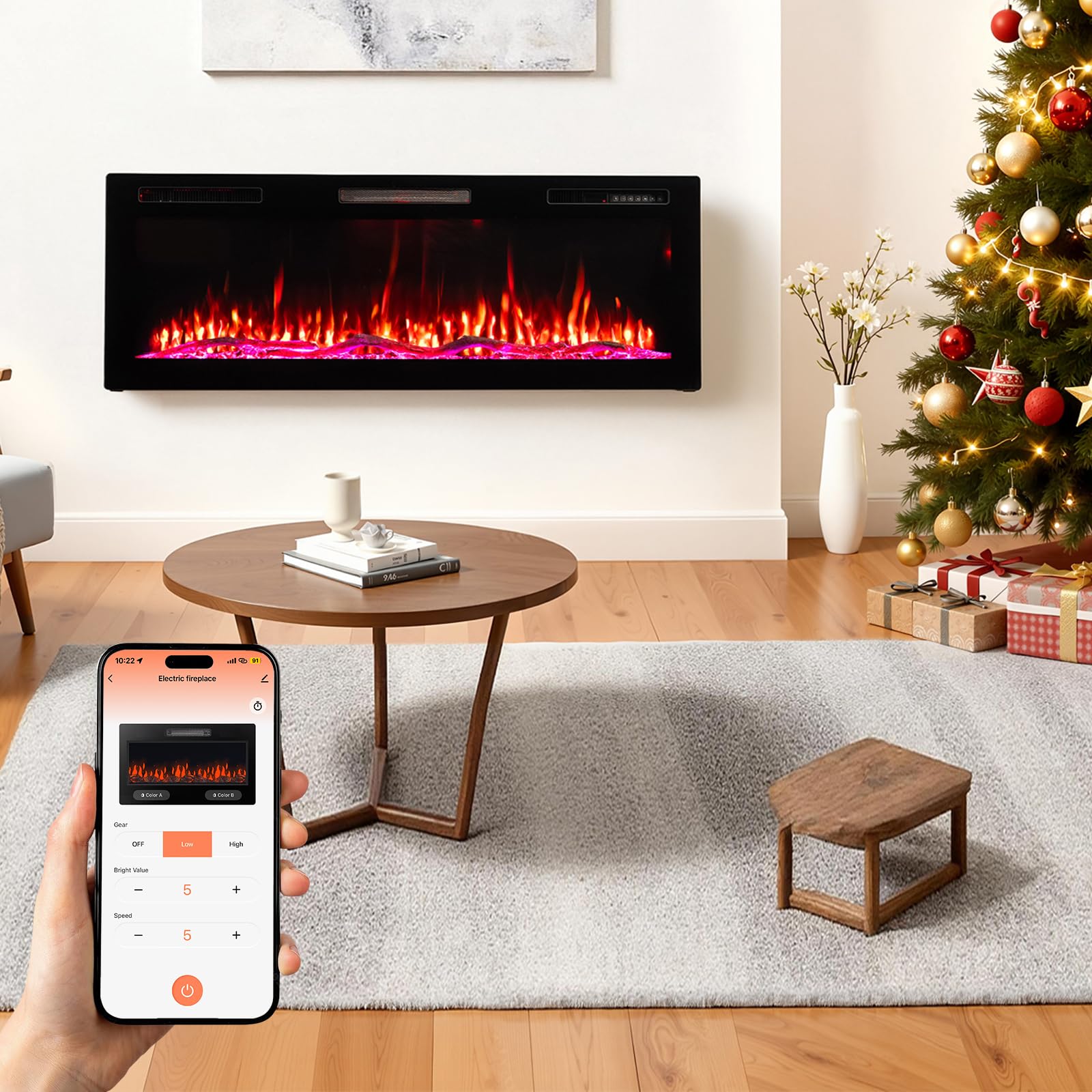 50" Chimenea Eléctrica con Calefacción, 1000W/2000W Chimenea Decorativa, 12 Colores de Llama 3D, 12 Colores de Fuego de Madera, Instalación de Pared/Empotrado, Control Remoto & App