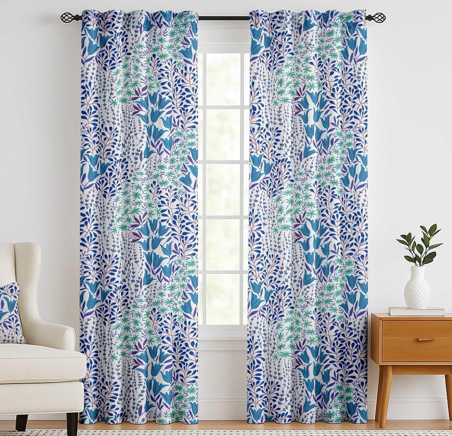 Cotton Curtains for Windows - 3-in-1 Rod Pocket/Back Tab Short Window Drapes - Light Filtering Cotton Canvas Panels - Set of 2, 52"x63" - Floral Print (White)