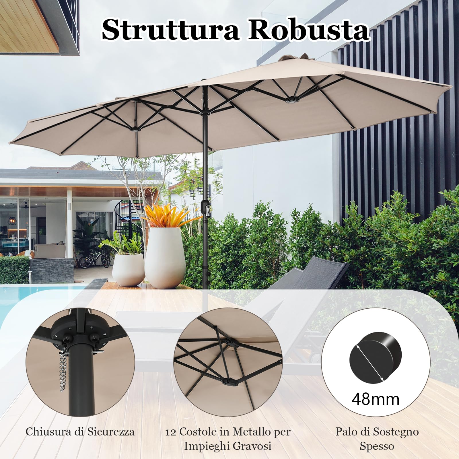 RELAX4LIFE Ombrellone Doppio da Giardino, Ombrellone da Balcone con Manovella, Parasole Impermeabile per Giardino, Patio, Coltile e Terrazza (Beige, 470 x 280 cm)