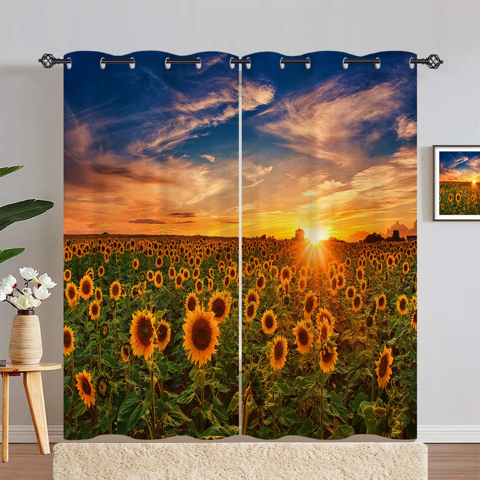 ANHOPE Sunflower Curtains Eyelet Ring Top Soft Thermal Insulated Blackout Curtains Sunset Yellow Flower Field Print Pattern Decorative Window Drapes for Bedroom Living Room 55 x 90 Inch 2 Panels — image 1