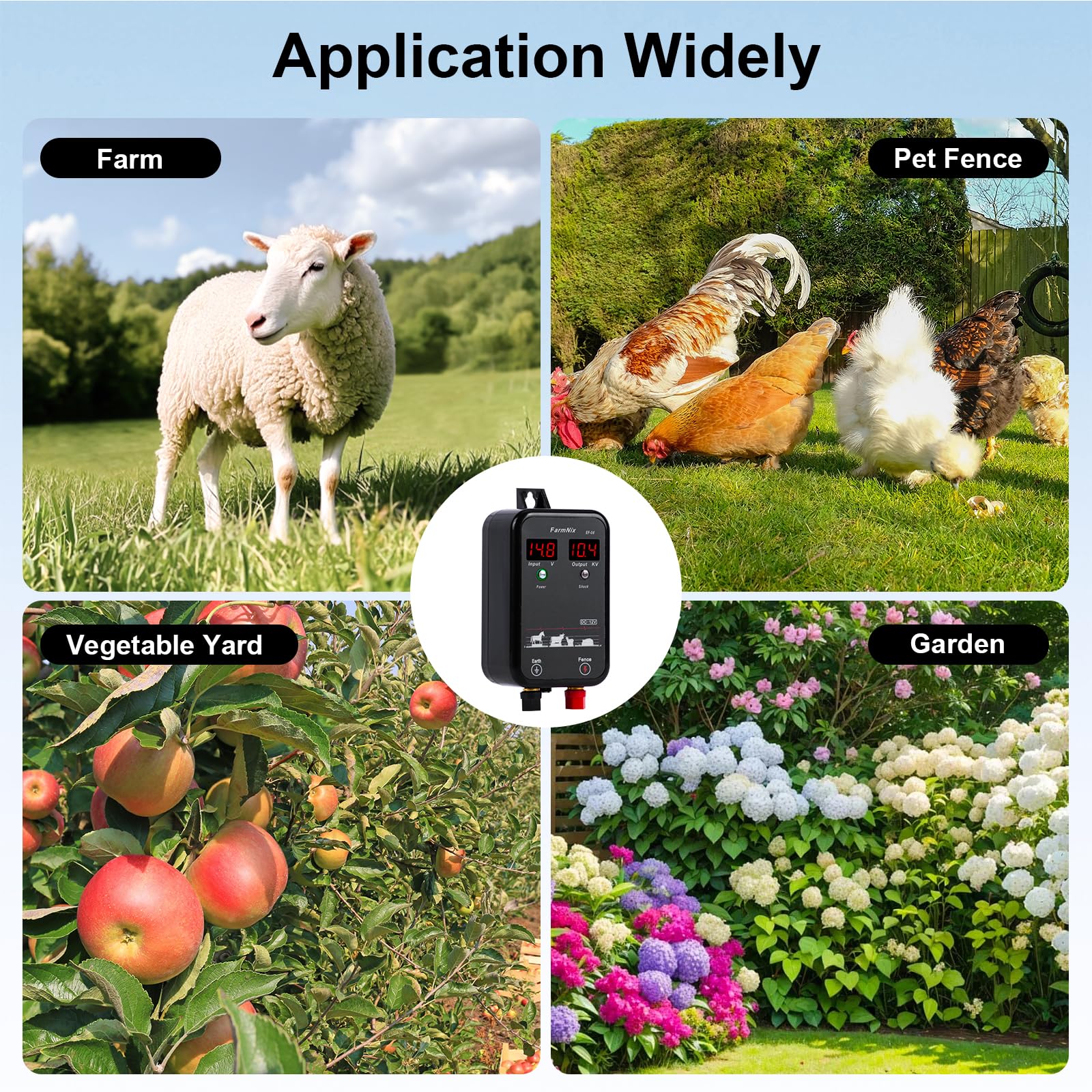 8KM Pastor Electrico ,1.0 Joule 12V, Cerca Eléctrica Controlador LED digital, Para protección animales pequeños, aves de corral y mascotas, para jardines, granjas y pasto (Black)