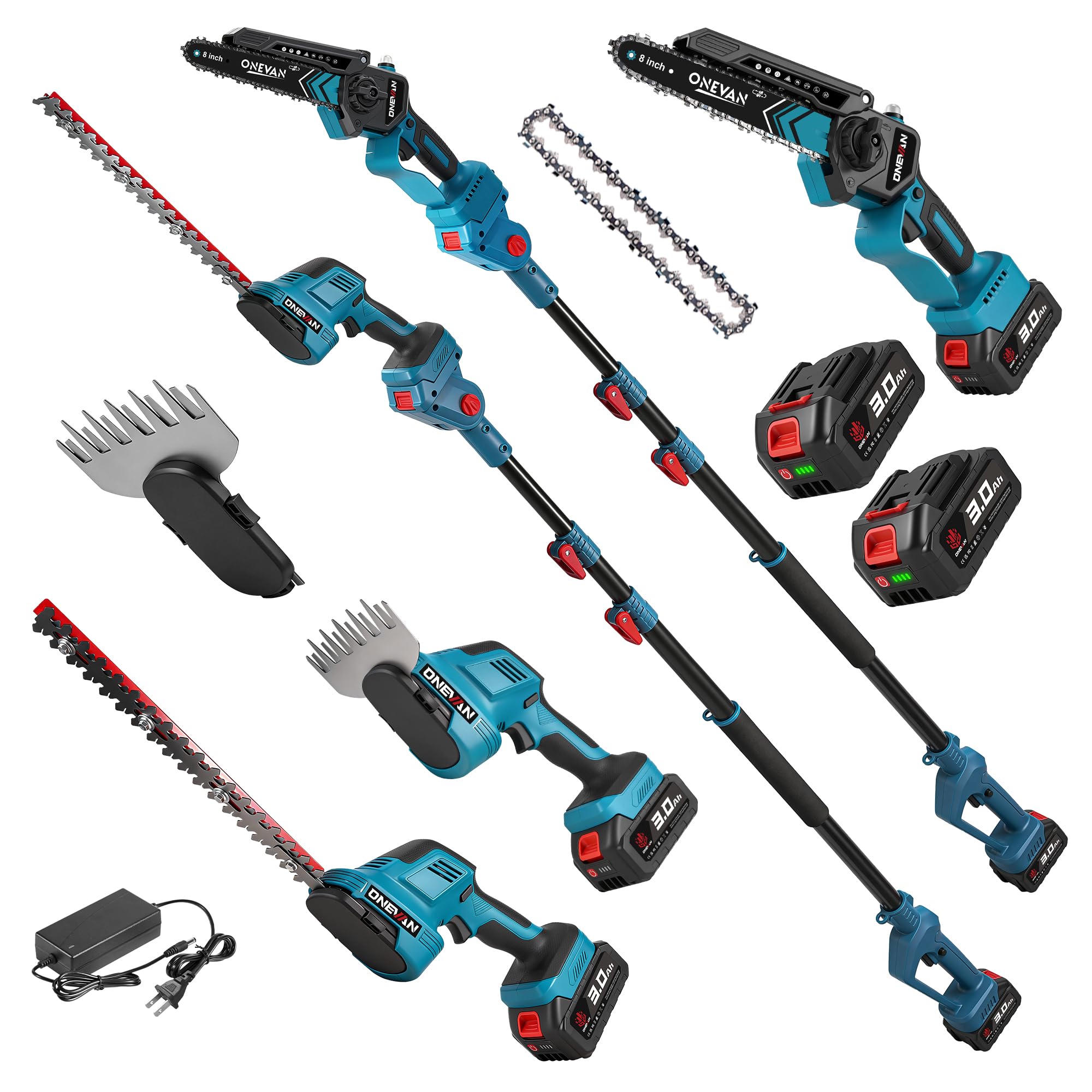 Photo 1 of **MISSING BATTERIES** 6-in-1 Cordless Pole Saw & Hedge Trimmer, Electric Chainsaw with 2×3.0 Ah Batteries, Pole Saws for Tree Trimming, Bush Trimmer Branch Cutter, Grass Shears, 14.5Ft Long Reach