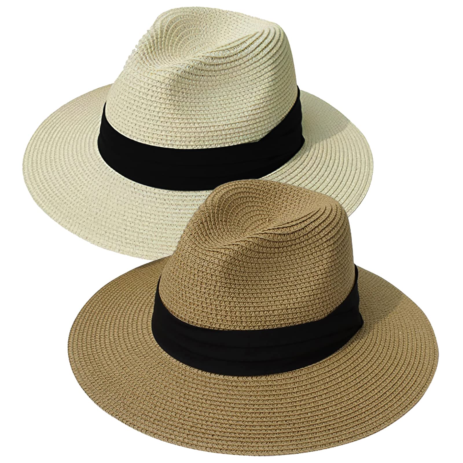 KXF 2 Pack Straw Sun Hat for Women Men Summer Beach Straw Sunhat Unisex Wide Brim Panama Sun Cap Adjustable Women Beach Travel Lightweight Cap
