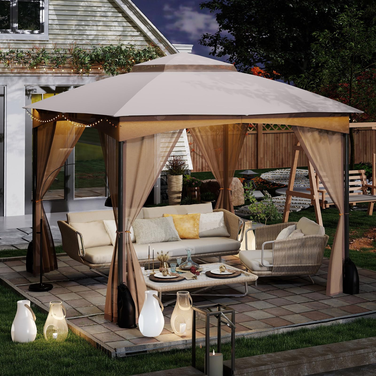 RELAX4LIFE Pergola da 3 x 3 m, con Zanzariera, Padiglione Idrorepellente con Doppio Tetto, Gazebo da Giardino con Telaio in Metallo, 8 Picchetti per il Terreno, 4 Sacchi di Sabbia (MARRONE)