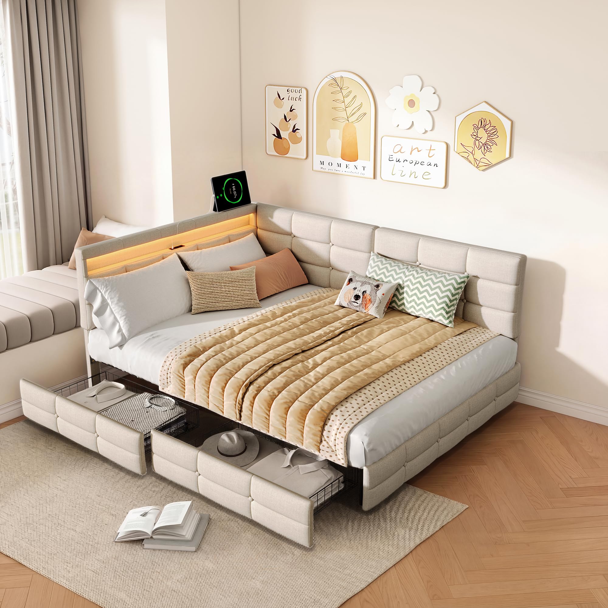 Polsterbett Schlafsofa 140x200, Doppelbett mit LED und USB, Jugendbett mit 2 Schubladen Stauraum, Tagesbett mit Lattenrost, Sofabett, Gästebett, Bettgestell, Leinen Beige, ohne Matratze