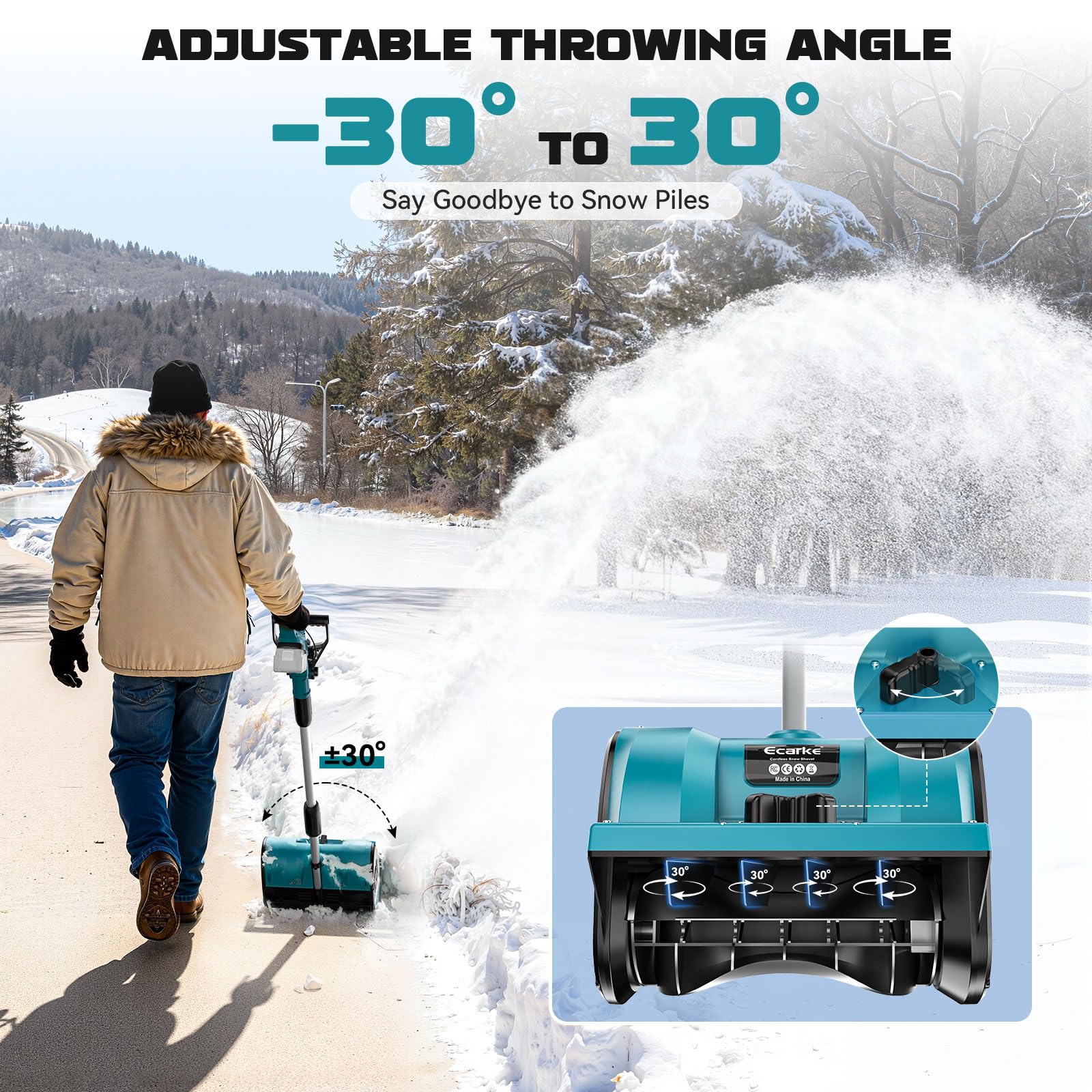 Ecarke Akku-Schneefräse kompatibel mit Makita 18V Akkus, 1000W bürstenloser Motor, Räumhöhe bis 15.5 cm, Wurfweite bis 6-7 m, Arbeitsbreite 30 cm, 30° verstellbar (ohne Akku)