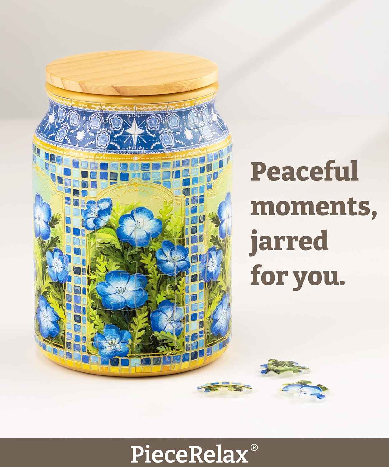 PieceRelax 3D Puzzle Jar 128 Plastic Pieces for Adults - Wishing Blue Dianthus Use Includes Divider Pen & Utensil Holder with Wooden Lid Dining,Study Living Room Medium [BA1015]