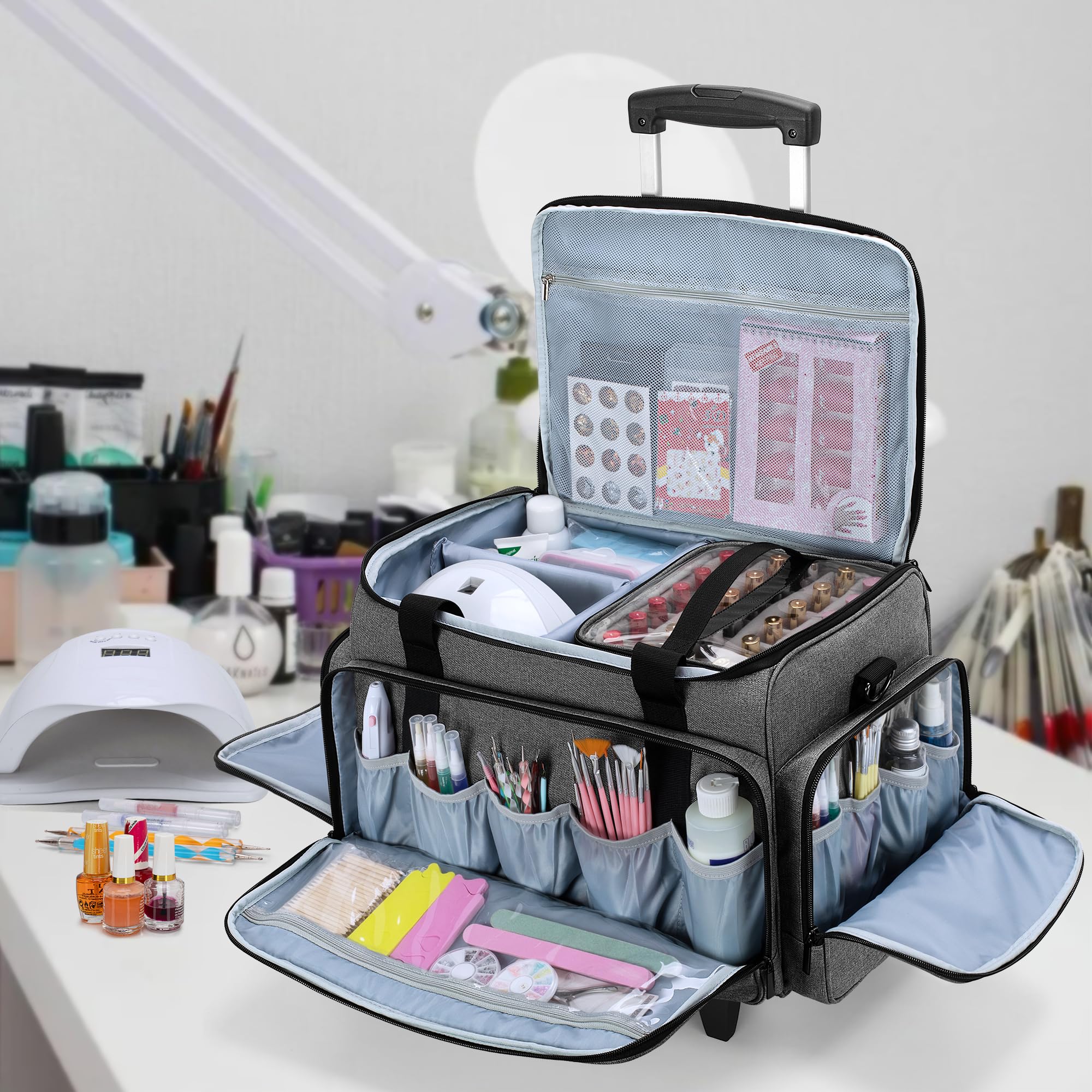 Luxja Organizador Esmaltes de Uñas con Ruedas para 90 Botellas y una Lámpara de Uñas, Bolsa para Esmalte de Uñas con Trolley Desmontable, Estuche Esmalte de Uñas (Solo Bolsa), Gris