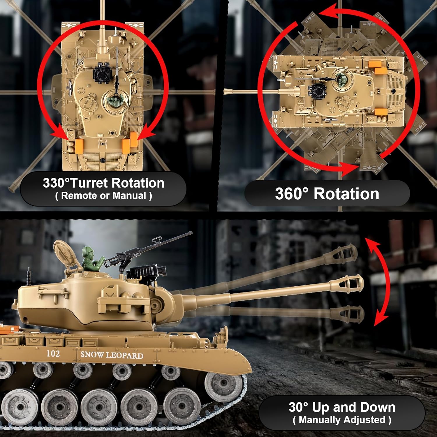 Supdex 1:18 RC Tank, 2.4G US Metal Alloy Metal US M26 Remote Control Tank That Shoot BBS Model Toys, Army Toy with Smoke, Lights, Sound and Recoil,Military RC Vehicle for Adults and Kids 6+ Year Old