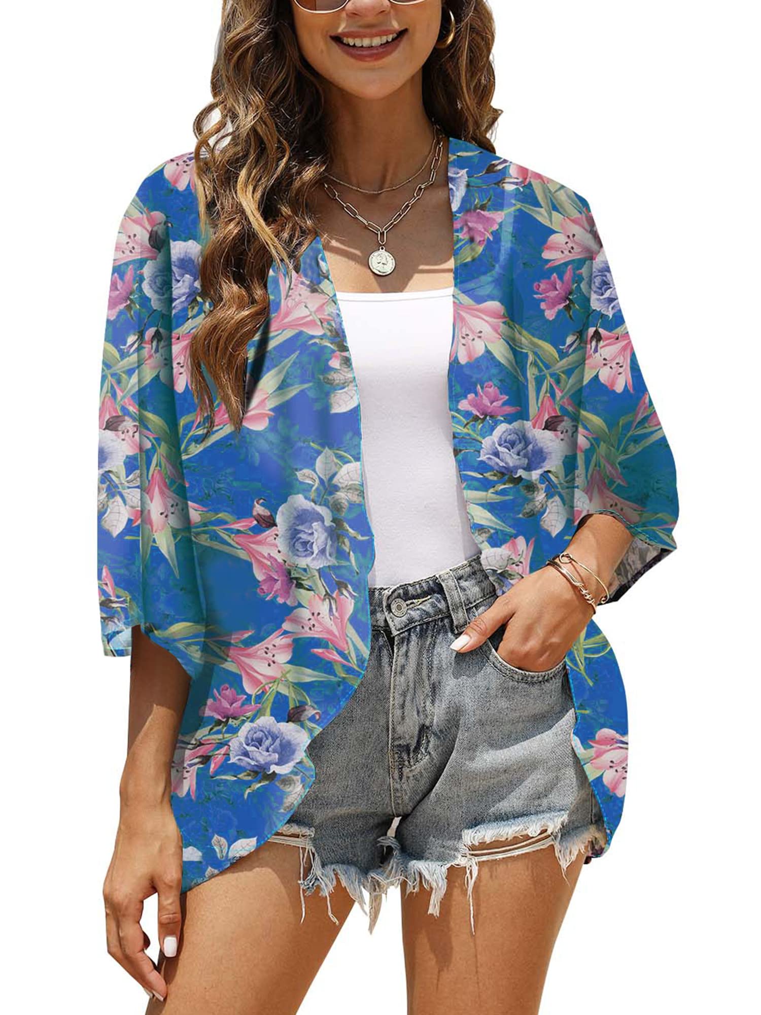 Chunoy Luźna turecka sukienka dla kobiet, luźna, lekka, oversize, kaftan, sukienka plażowa, sukienka maxi, Niebieski, kwiatowy wzór, M