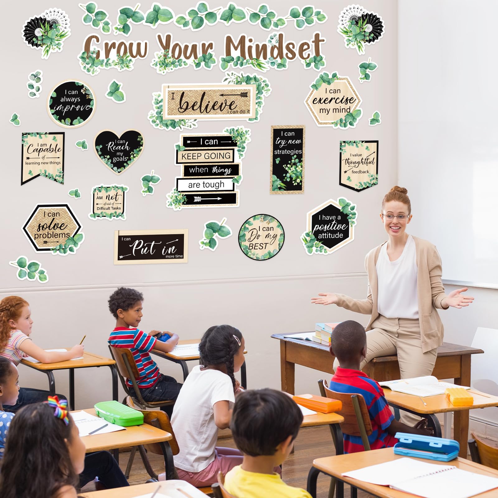 FYSUIMU Juego de 42 tableros de anuncios Grow Your Mindset, hojas de eucalipto, recortes de papel con 100 puntos de pegamento para fiestas de regreso a clases, decoración de pared