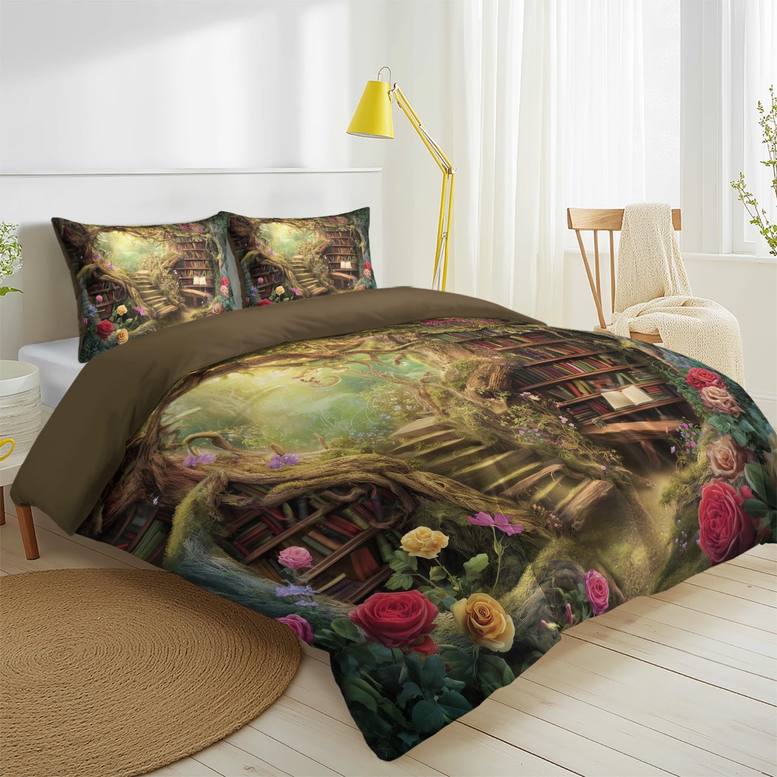 Biancheria da letto con fantasia fiabe, 200 x 200 cm, pastorale, accogliente, guarigione, calma, biblioteca, fiori, in microfibra, con chiusura lampo, include 1 copripiumino e 2 federe, per bambini e