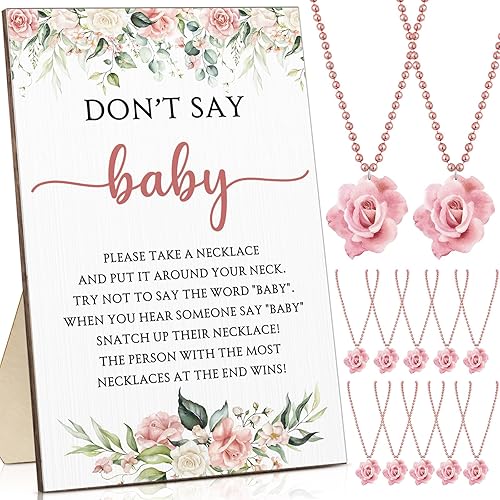 Roowest 51 Don't Say Baby Shower Game Pink Rose Baby Shower Decoraciones Incluidas Cartel de Juego de Rosa Cartel de Mesa de Madera 50 Collares