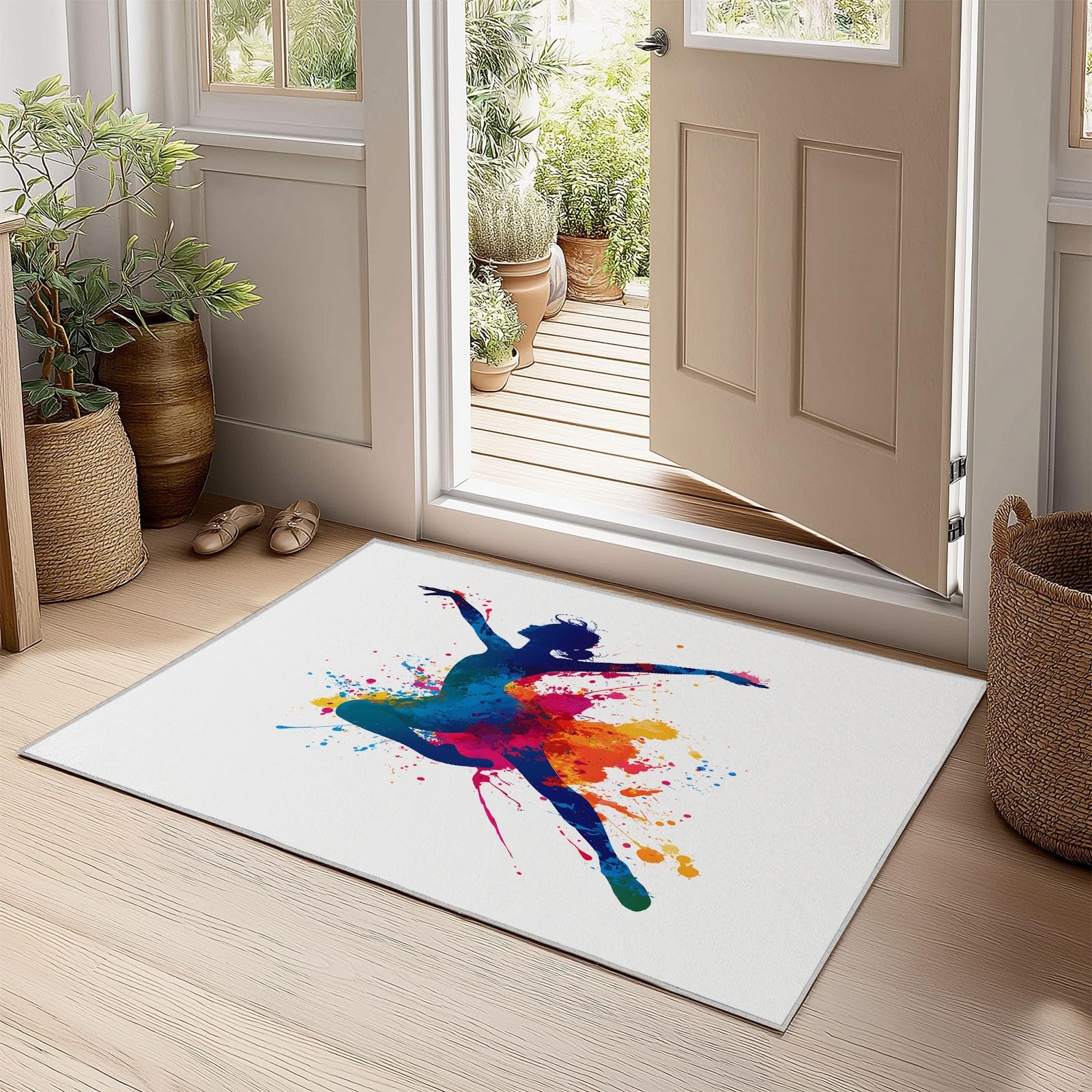Dywan do salonu 180 x 240 cm, ręcznie malowany rozpryskiwany atramentem tancerz z nadrukiem zmywalny antypoślizgowy dywanik do salonu lub sypialni kremowy